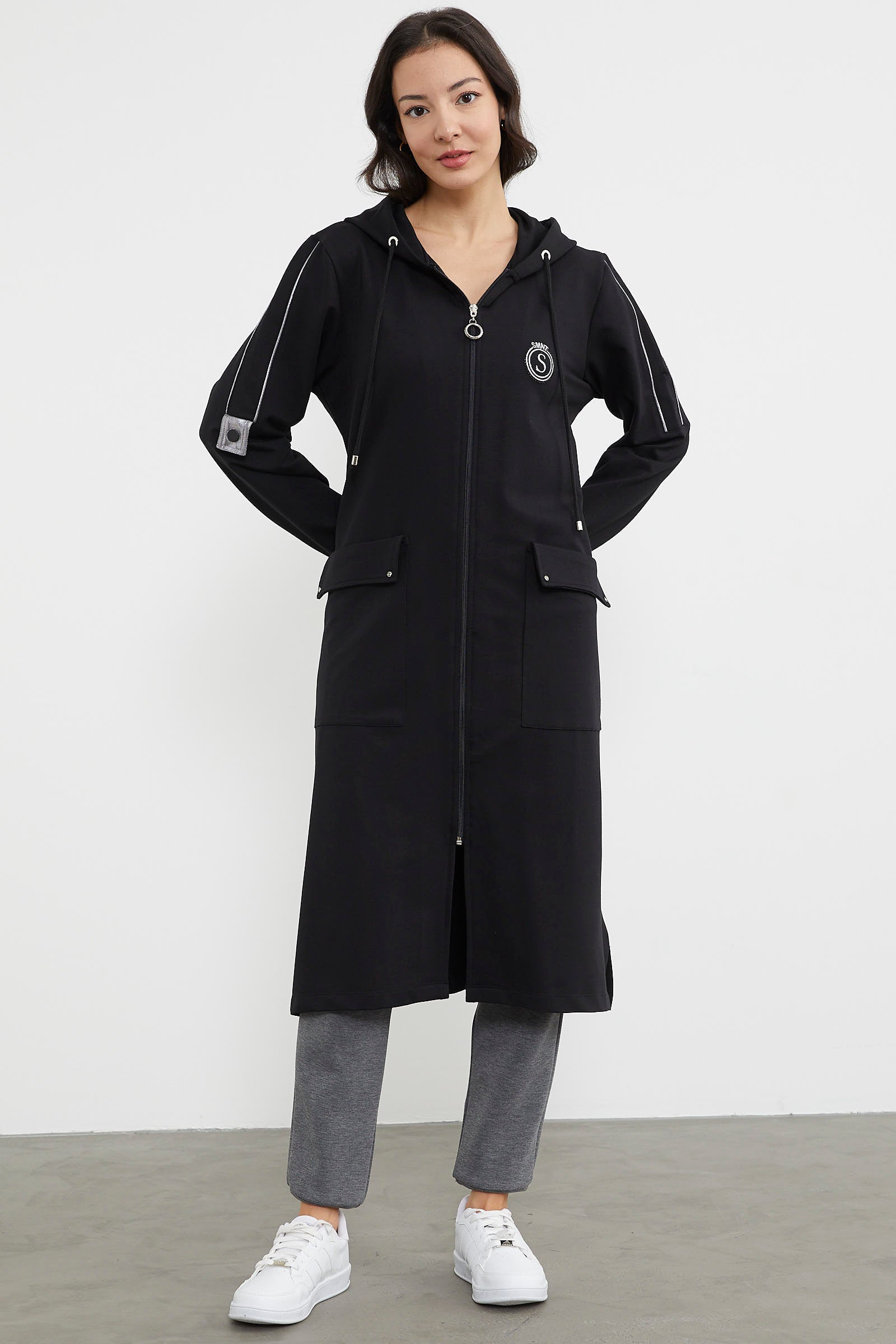 Cep Detaylı Tam Fermuarlı Kap - Siyah (3) Sementa