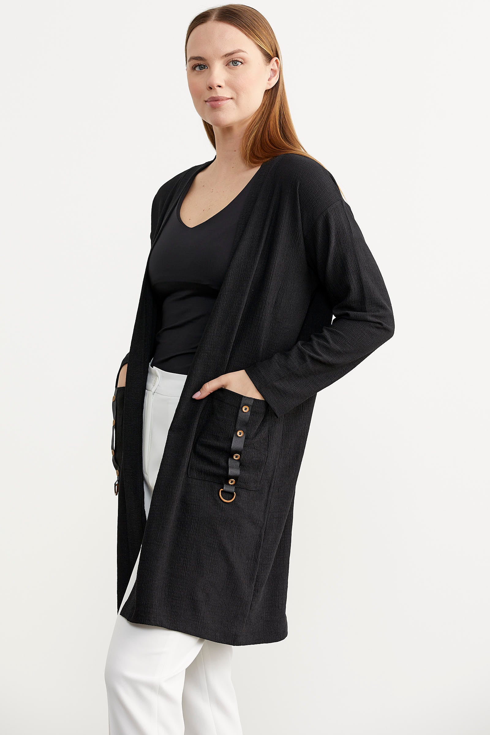 Cep Detaylı Uzun Penye Hırka - Siyah (4) Sementa