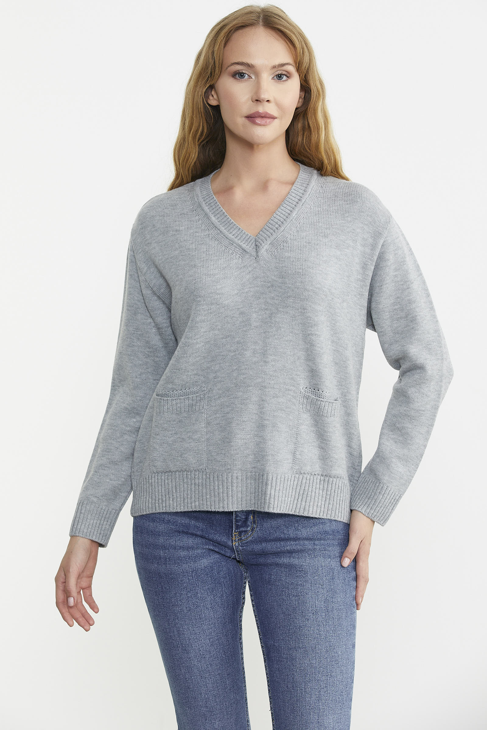 Cep Detaylı V Yaka Triko Kazak - Gri - Sementa