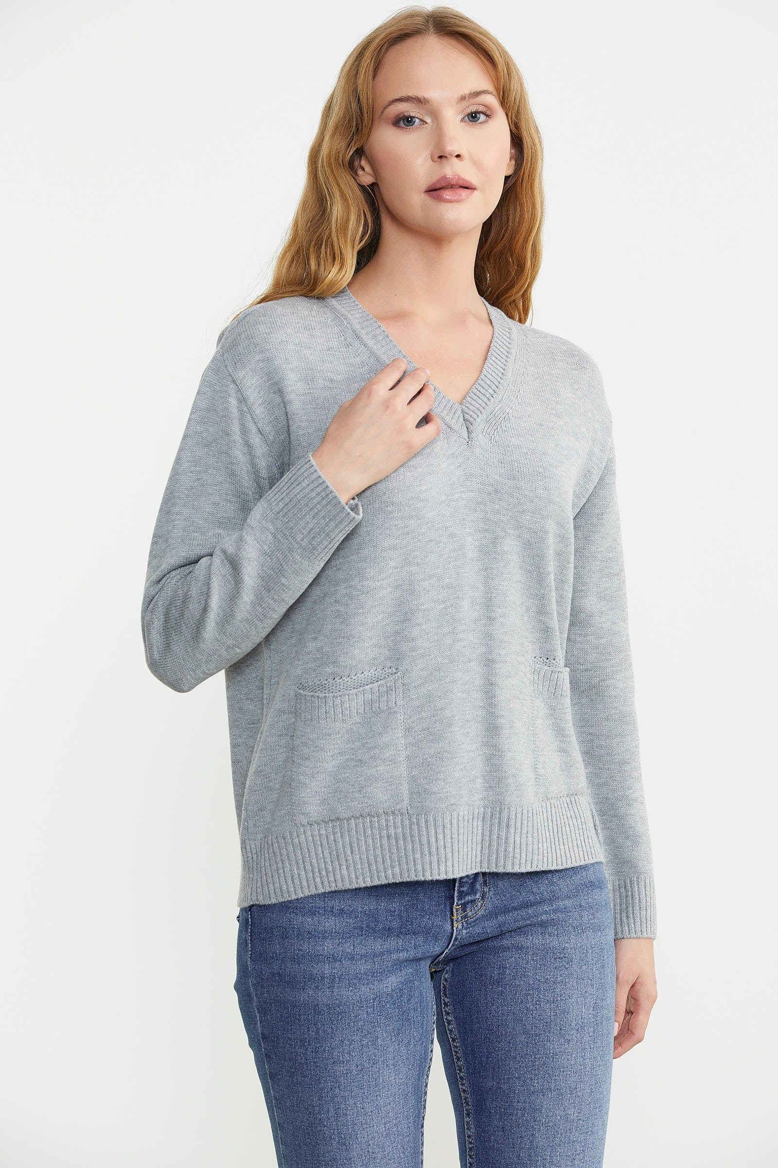 Cep Detaylı V Yaka Triko Kazak - Gri - Sementa