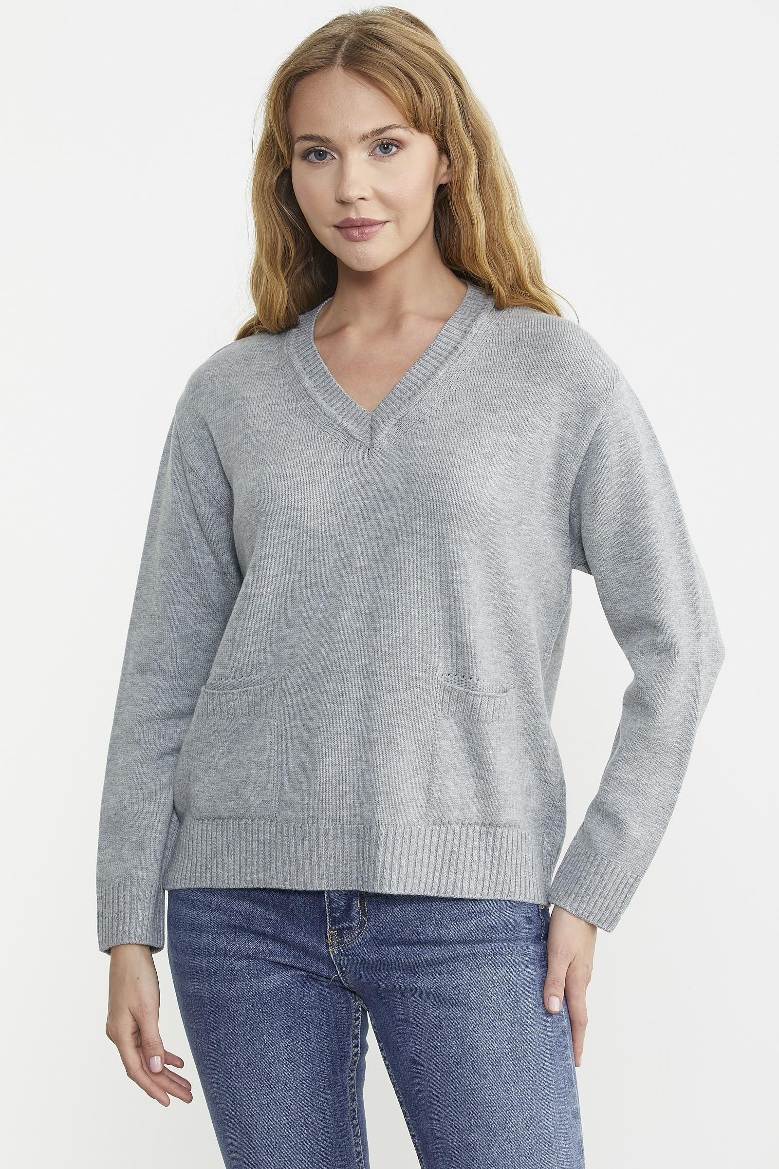 Cep Detaylı V Yaka Triko Kazak - Gri - Sementa