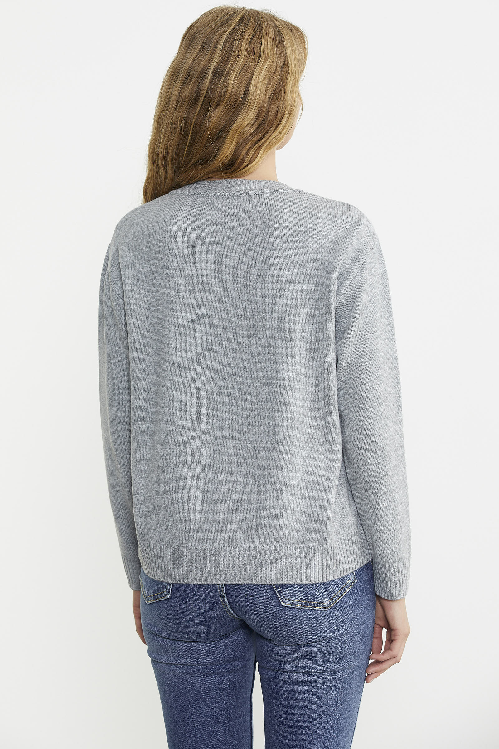 Cep Detaylı V Yaka Triko Kazak - Gri - Sementa