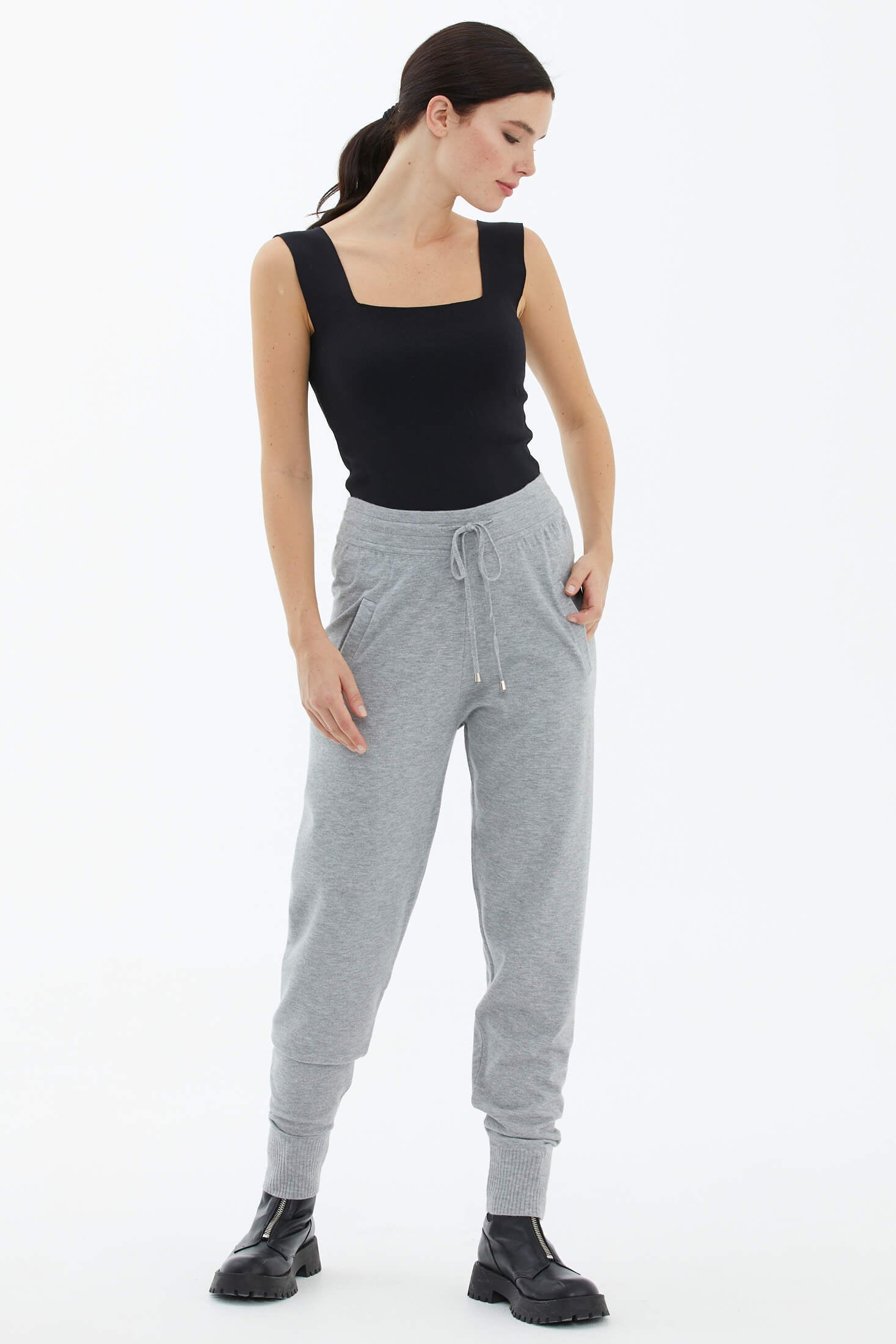 Cepli Bağcıklı Triko Pantolon - Açık Gri (3) Sementa