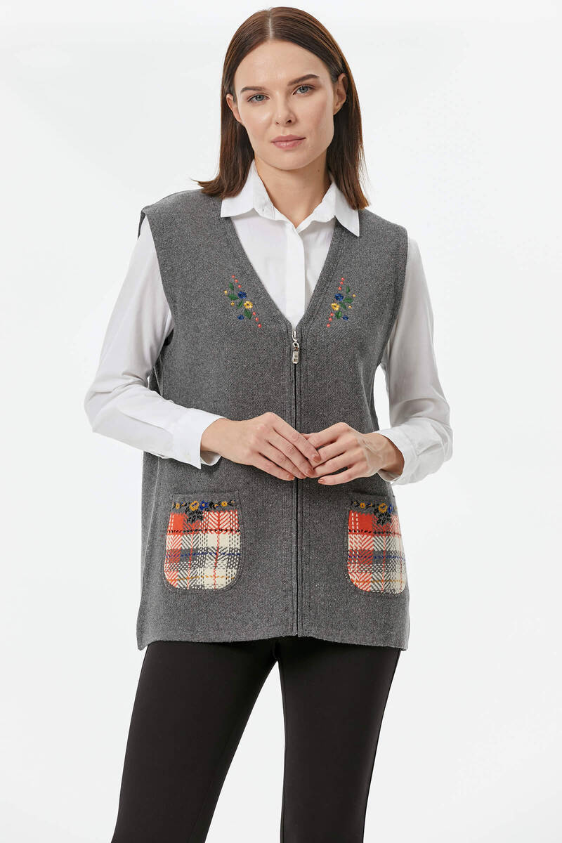 Cepli Fermuarlı Triko Yelek - Koyu Gri (2) Sementa