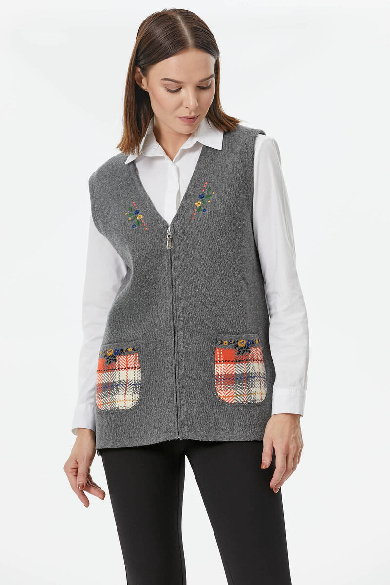 Cepli Fermuarlı Triko Yelek - Koyu Gri (3) Sementa