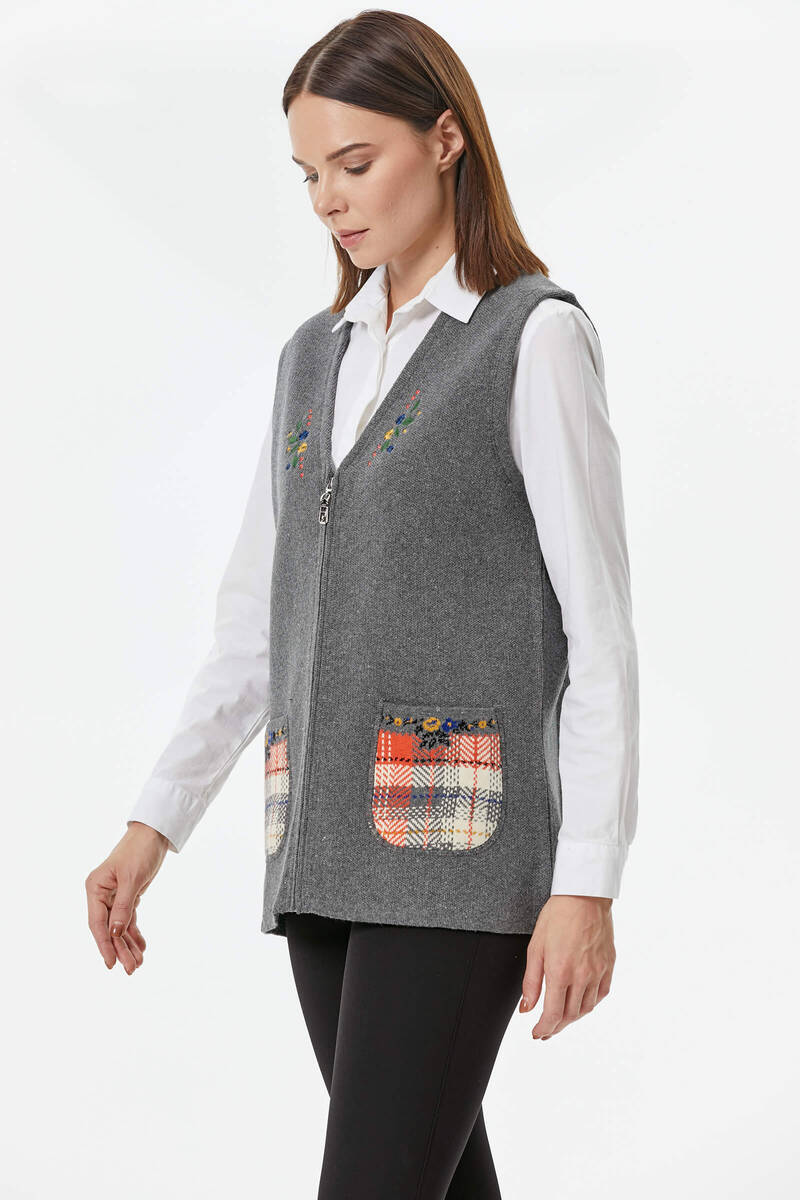 Cepli Fermuarlı Triko Yelek - Koyu Gri (4) Sementa