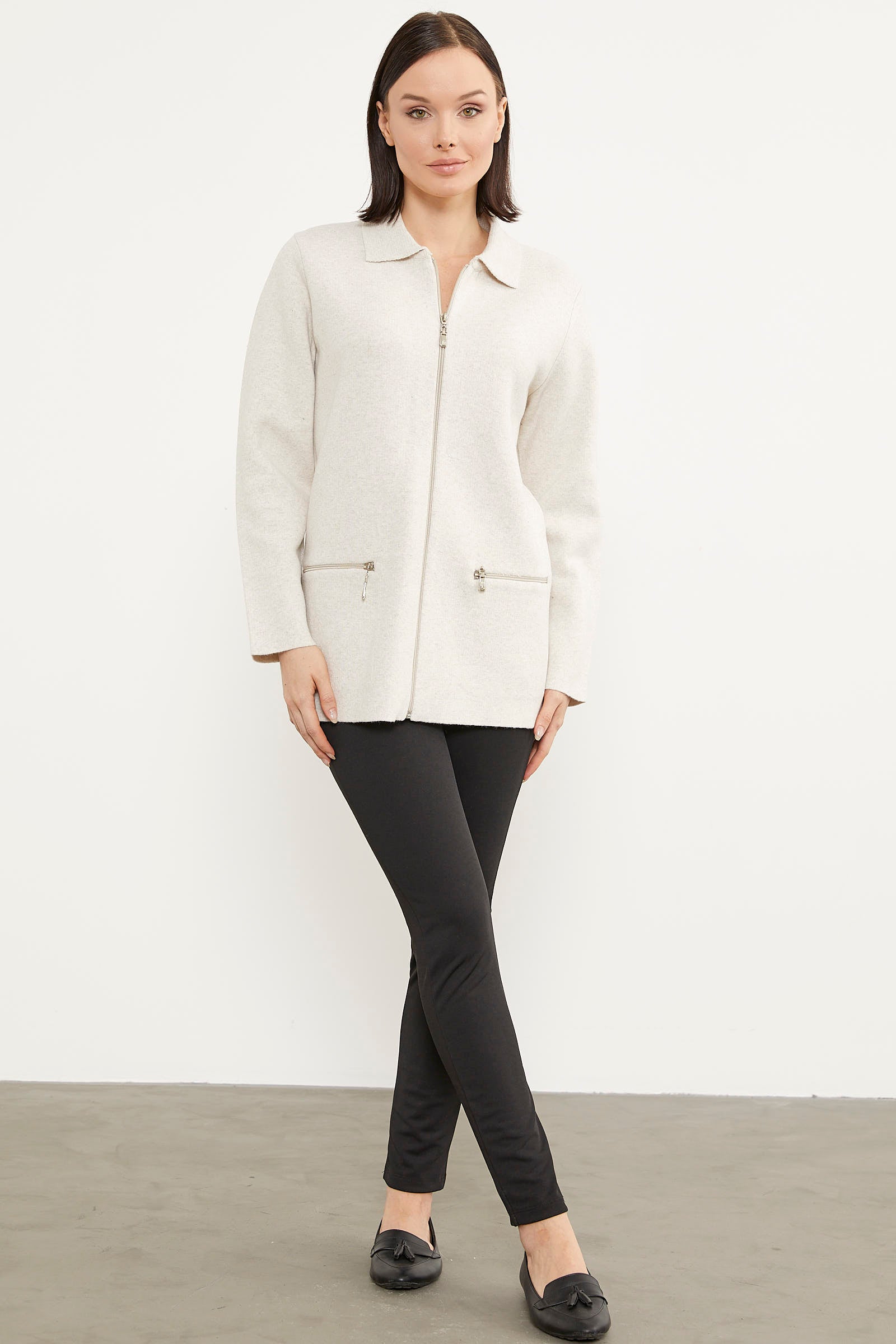 Cepli Gömlek Yaka Fermuarlı Triko Hırka - Açık Bej (4) Sementa