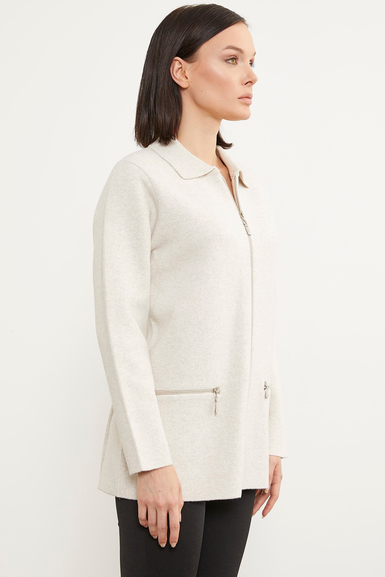 Cepli Gömlek Yaka Fermuarlı Triko Hırka - Açık Bej (5) Sementa