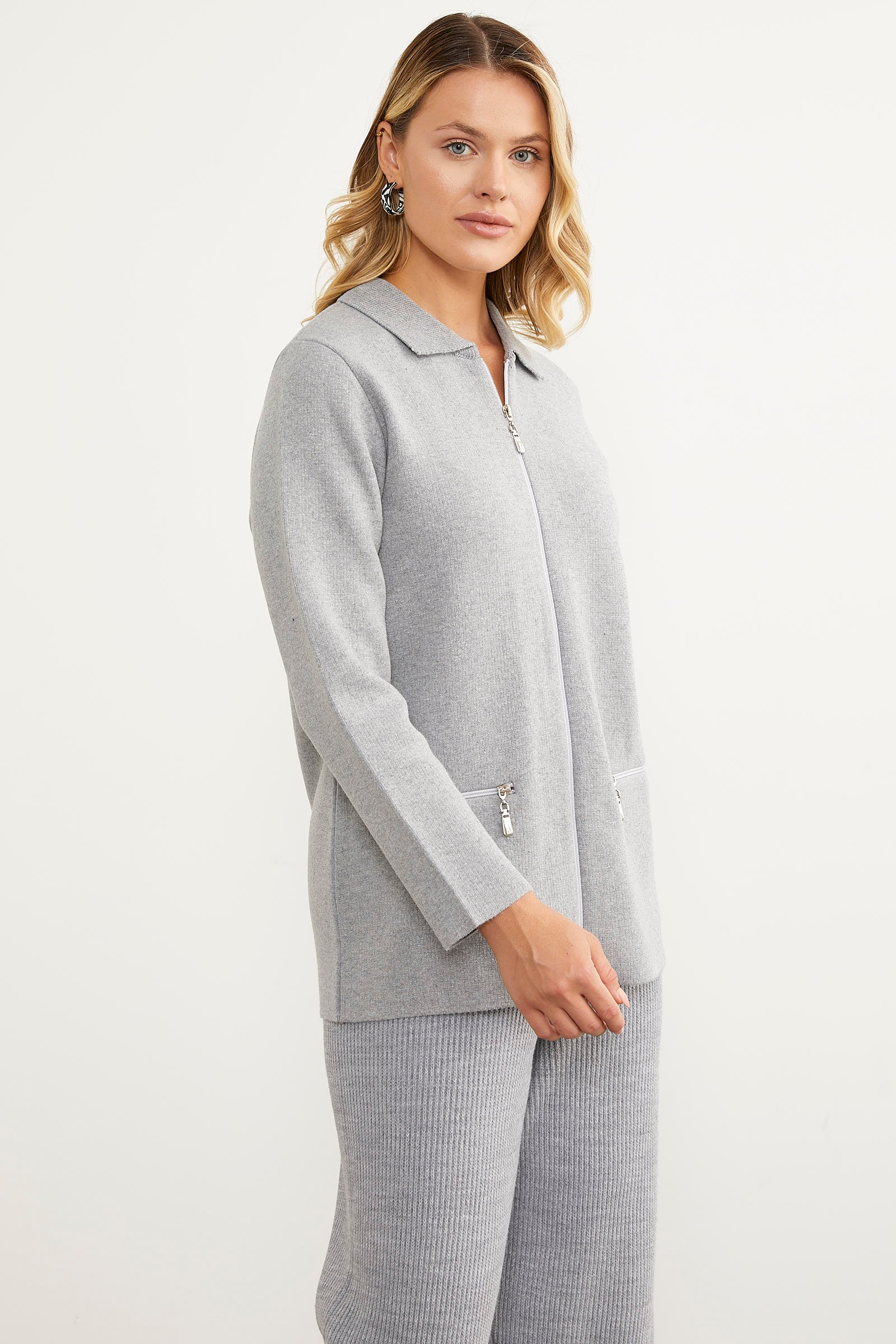 Cepli Gömlek Yaka Fermuarlı Triko Hırka - Açık Gri (2) Sementa