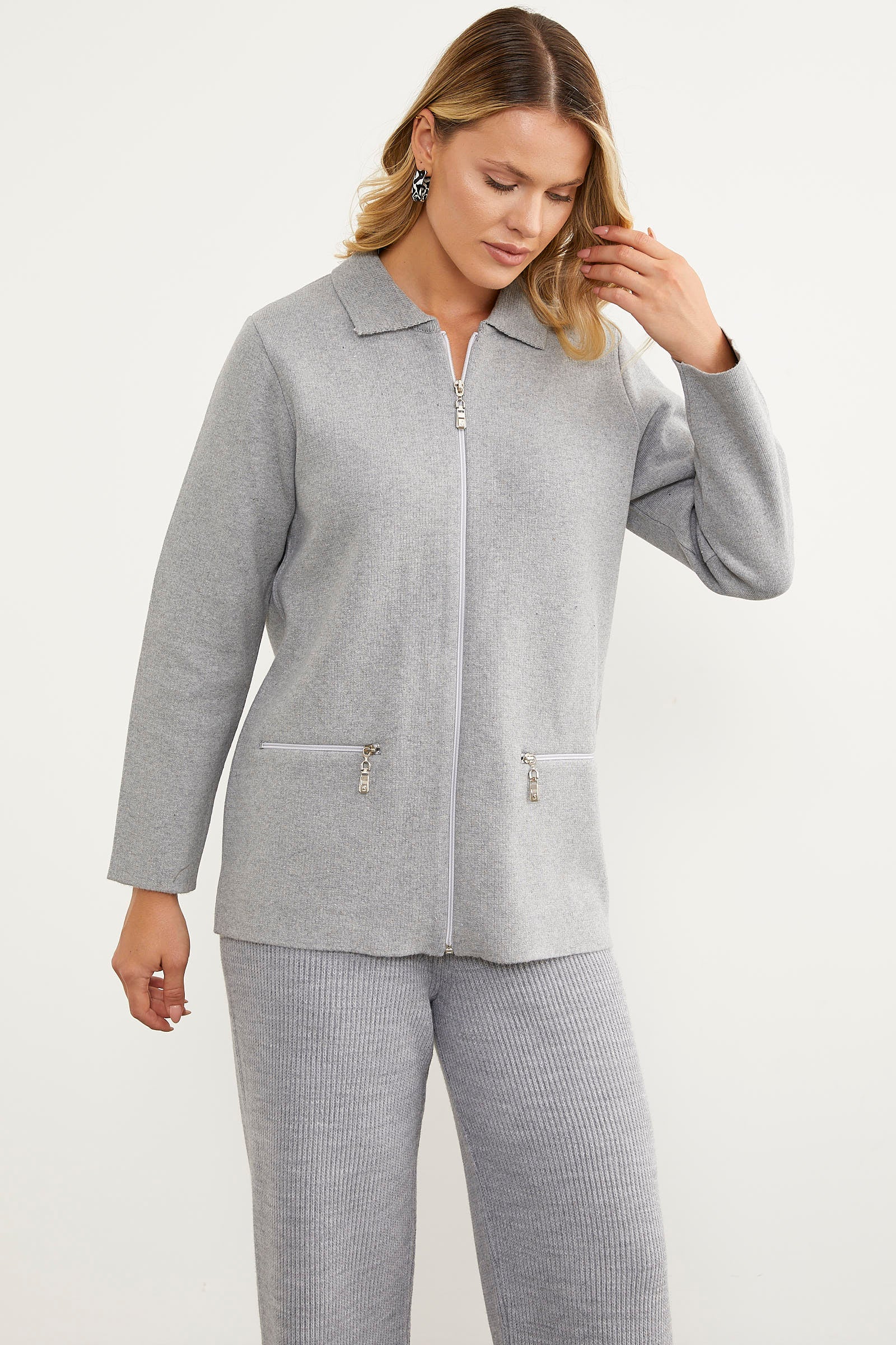 Cepli Gömlek Yaka Fermuarlı Triko Hırka - Açık Gri (3) Sementa