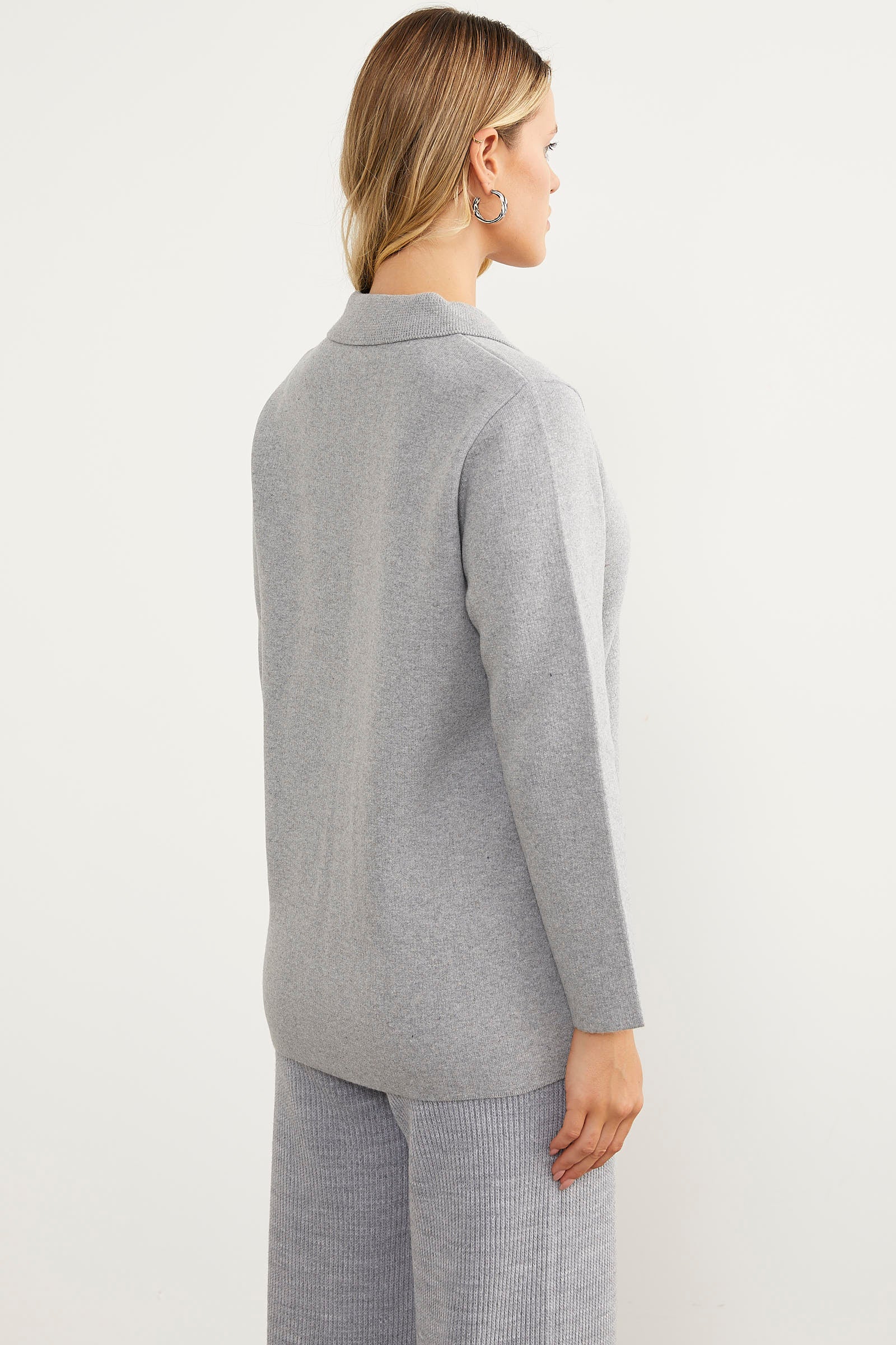 Cepli Gömlek Yaka Fermuarlı Triko Hırka - Açık Gri (7) Sementa