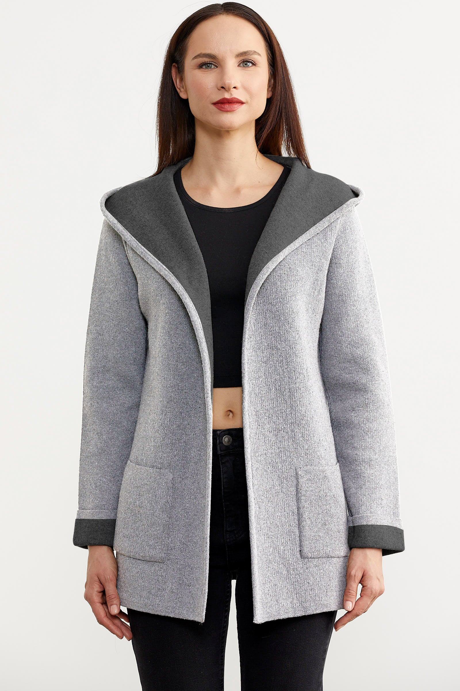 Cepli ve Kapüşonlu Yünlü Triko Ceket - Açık Gri - Koyu Gri (1) Sementa