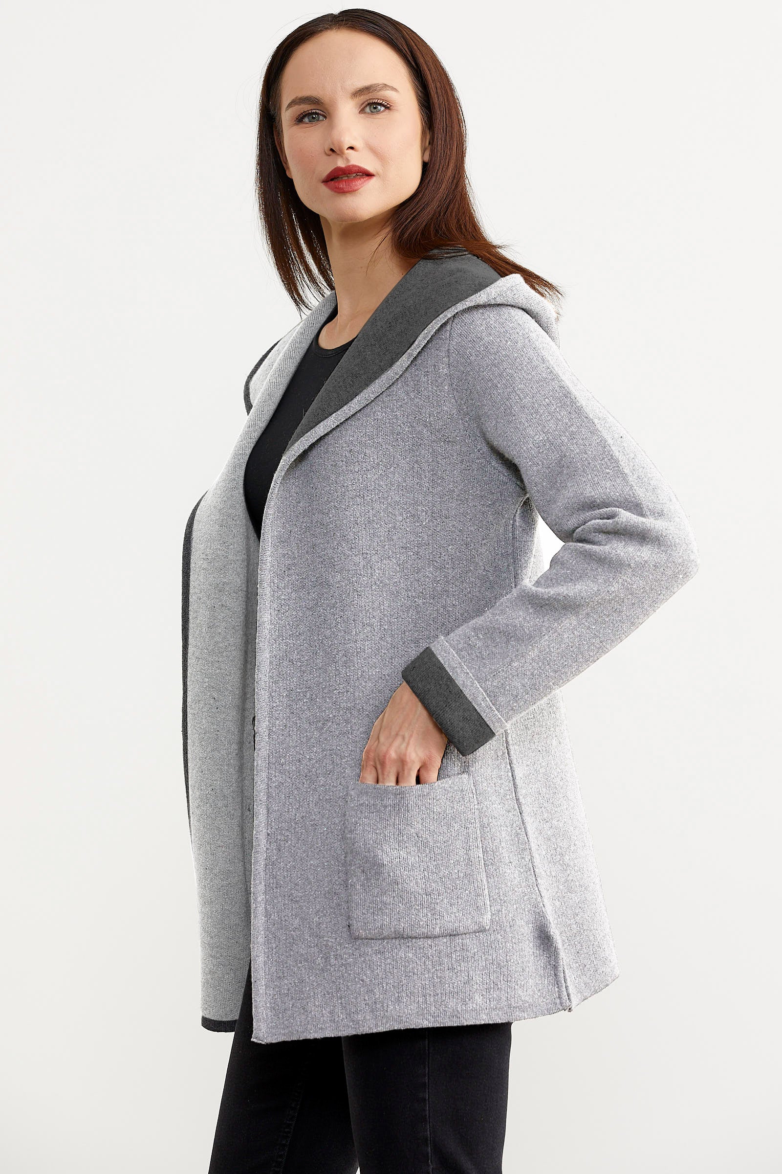 Cepli ve Kapüşonlu Yünlü Triko Ceket - Açık Gri - Koyu Gri (2) Sementa