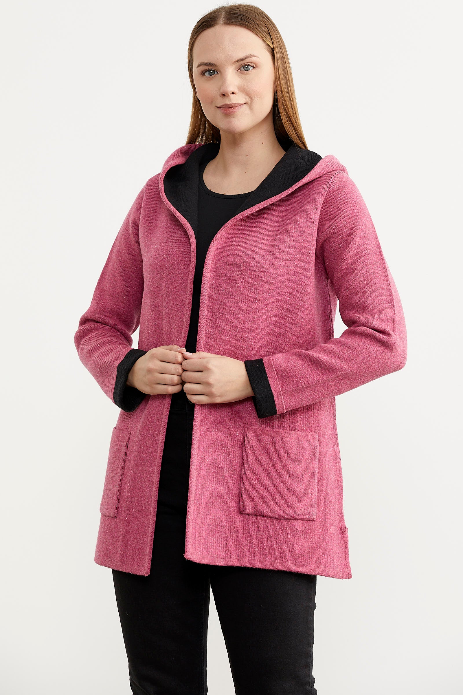 Cepli ve Kapüşonlu Yünlü Triko Ceket - Gül - Siyah (2) Sementa