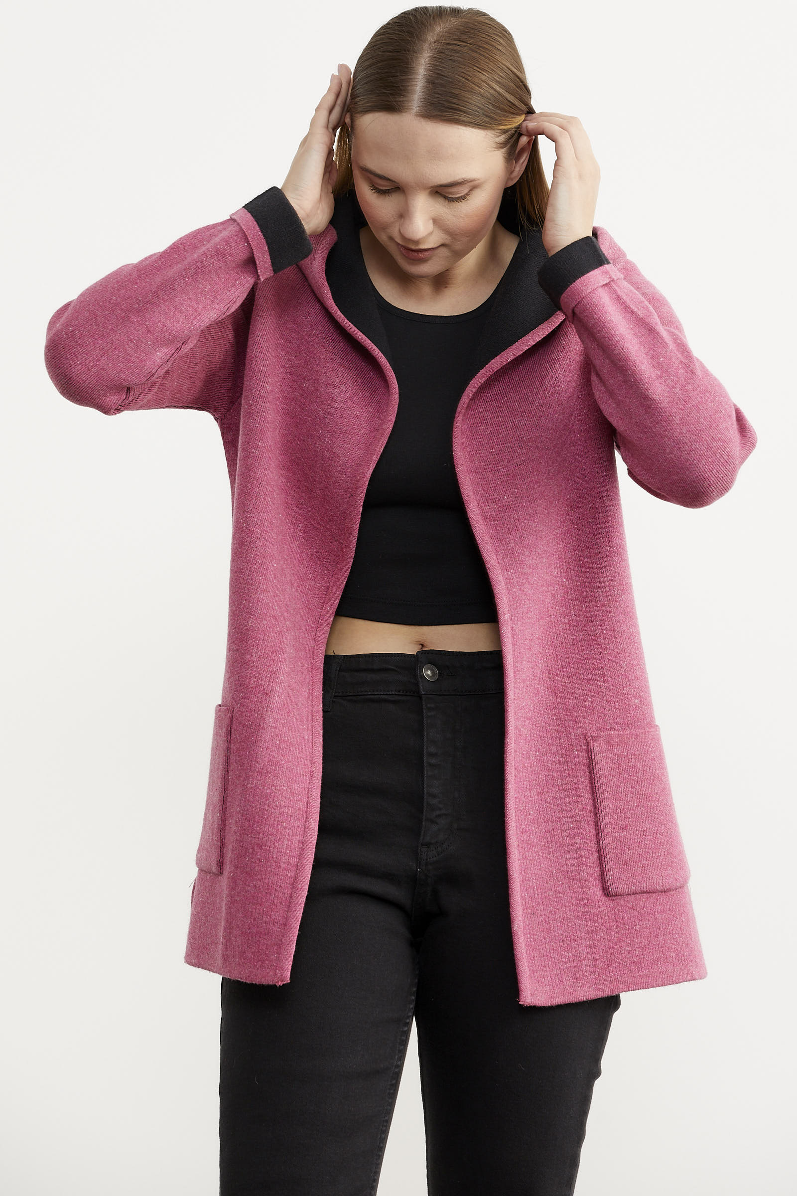 Cepli ve Kapüşonlu Yünlü Triko Ceket - Gül - Siyah (4) Sementa