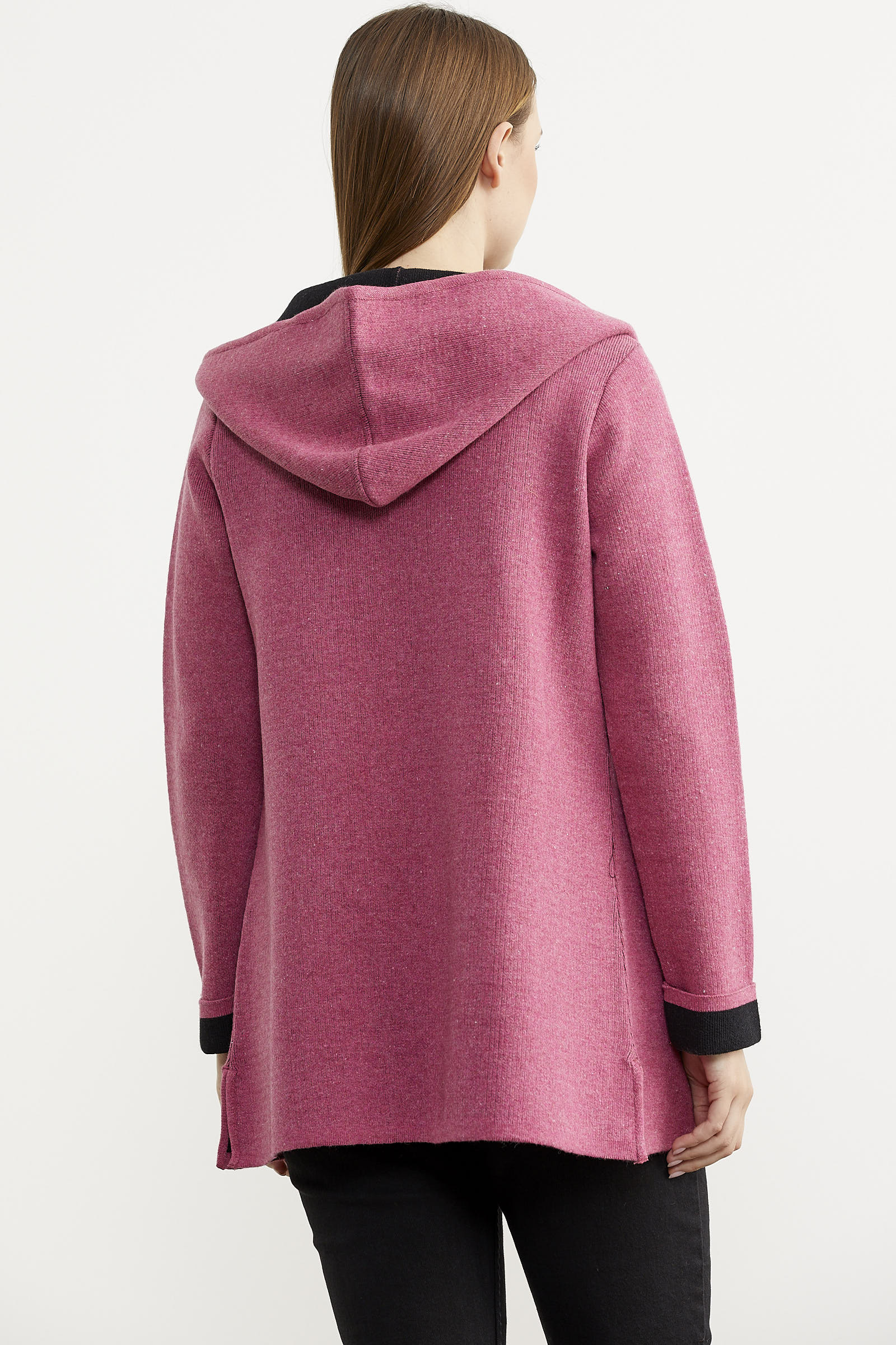 Cepli ve Kapüşonlu Yünlü Triko Ceket - Gül - Siyah (5) Sementa