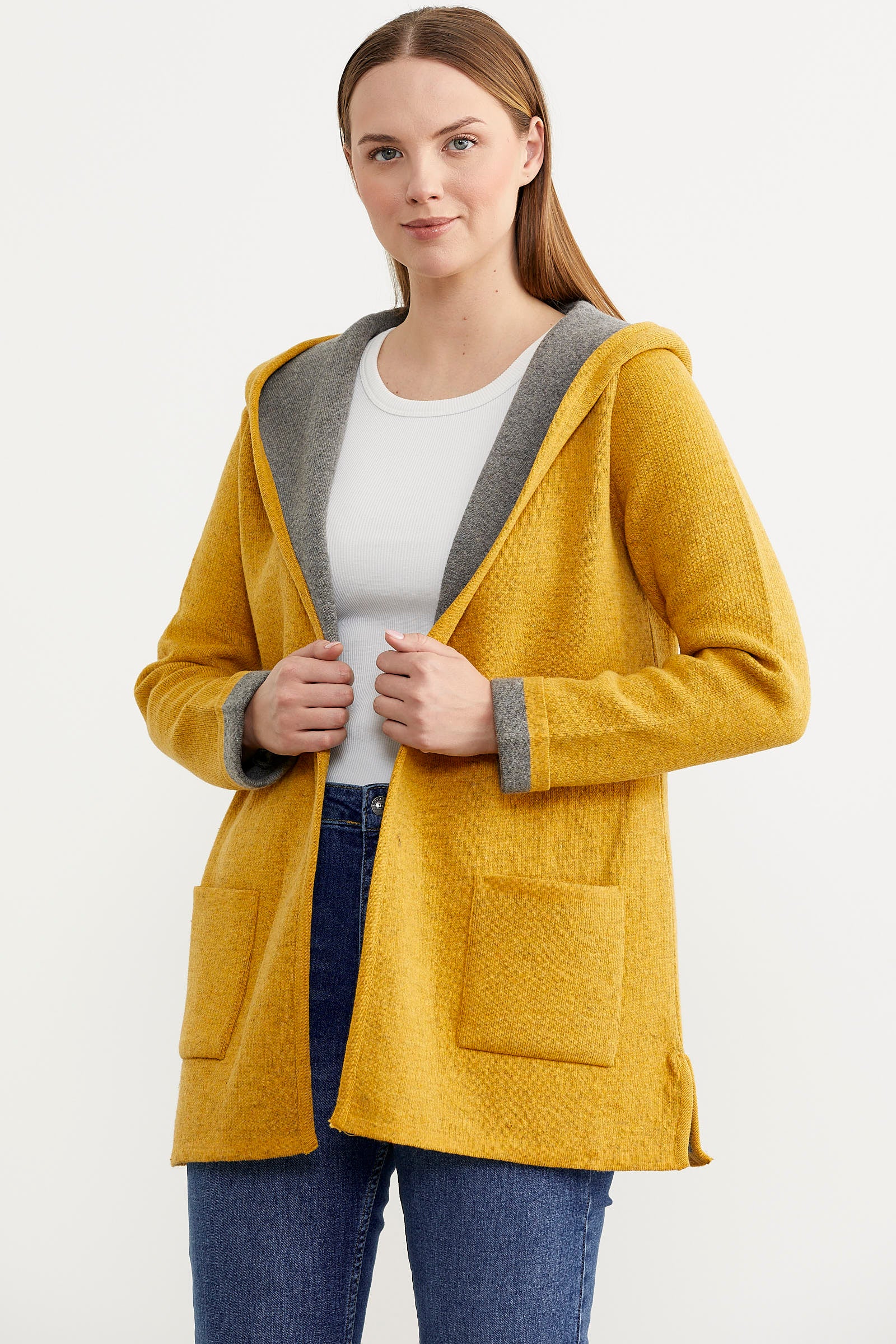 Cepli ve Kapüşonlu Yünlü Triko Ceket - Güneş - Gri (4) Sementa