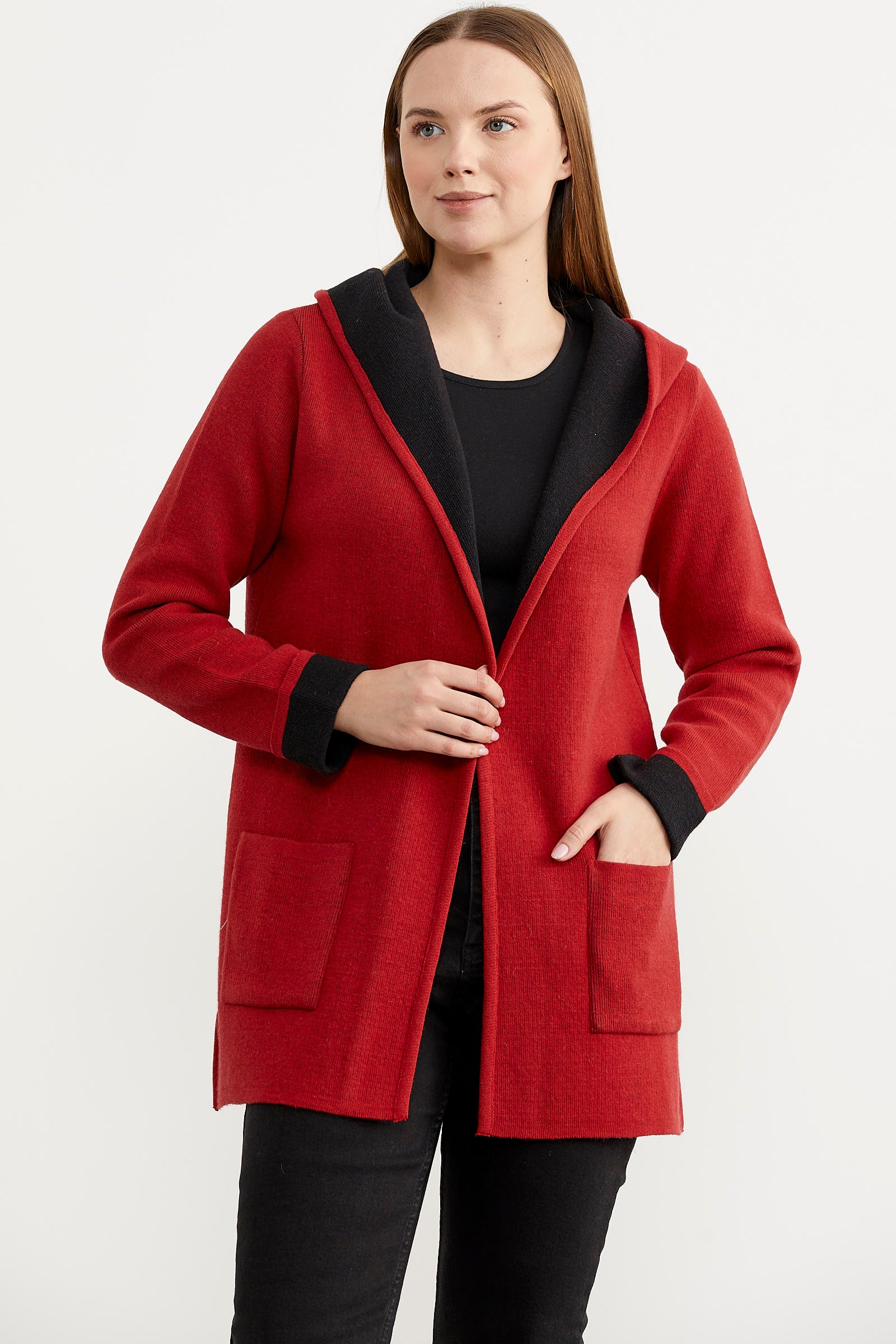 Cepli ve Kapüşonlu Yünlü Triko Ceket - Kırmızı - Siyah (2) Sementa