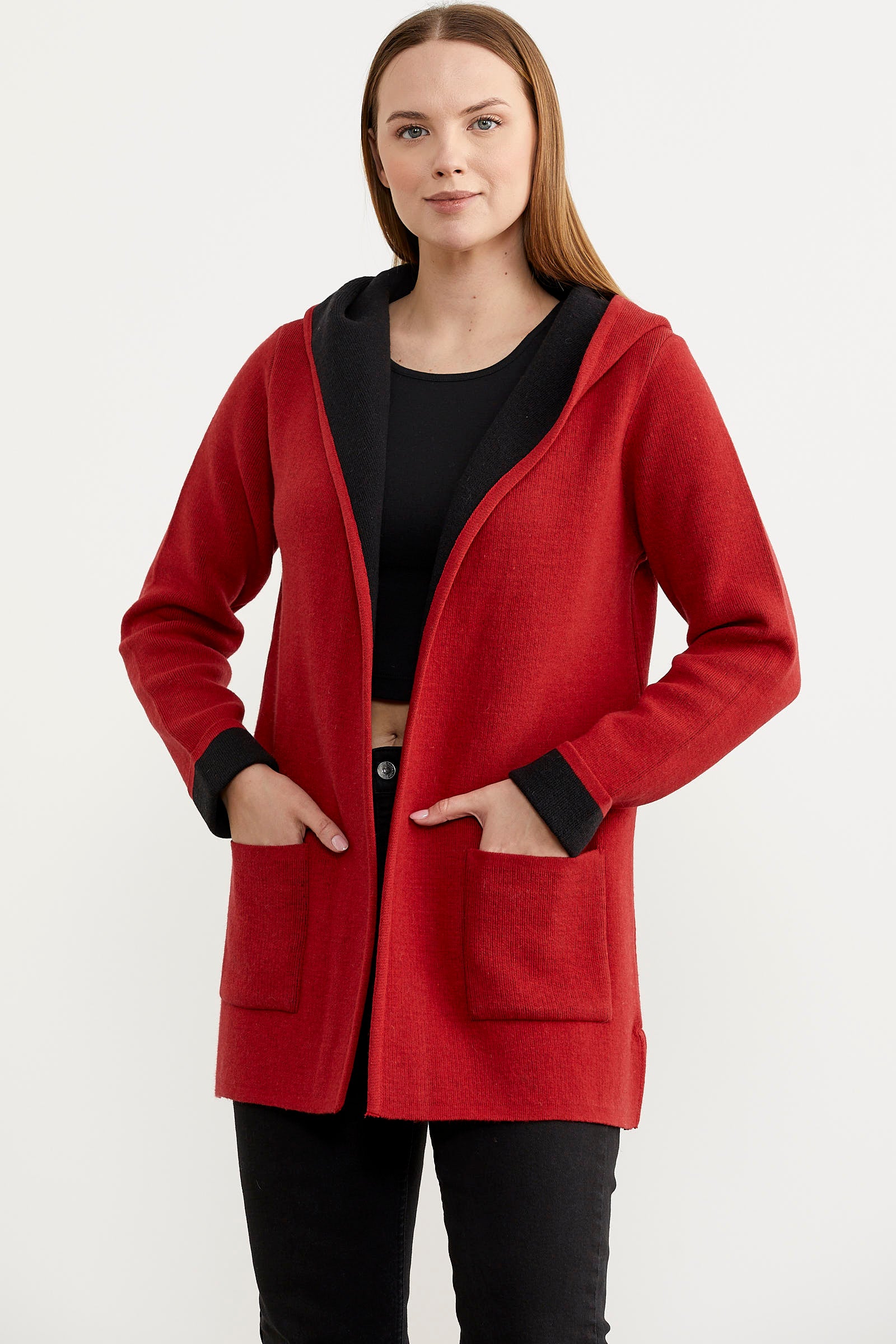 Cepli ve Kapüşonlu Yünlü Triko Ceket - Kırmızı - Siyah (1) Sementa