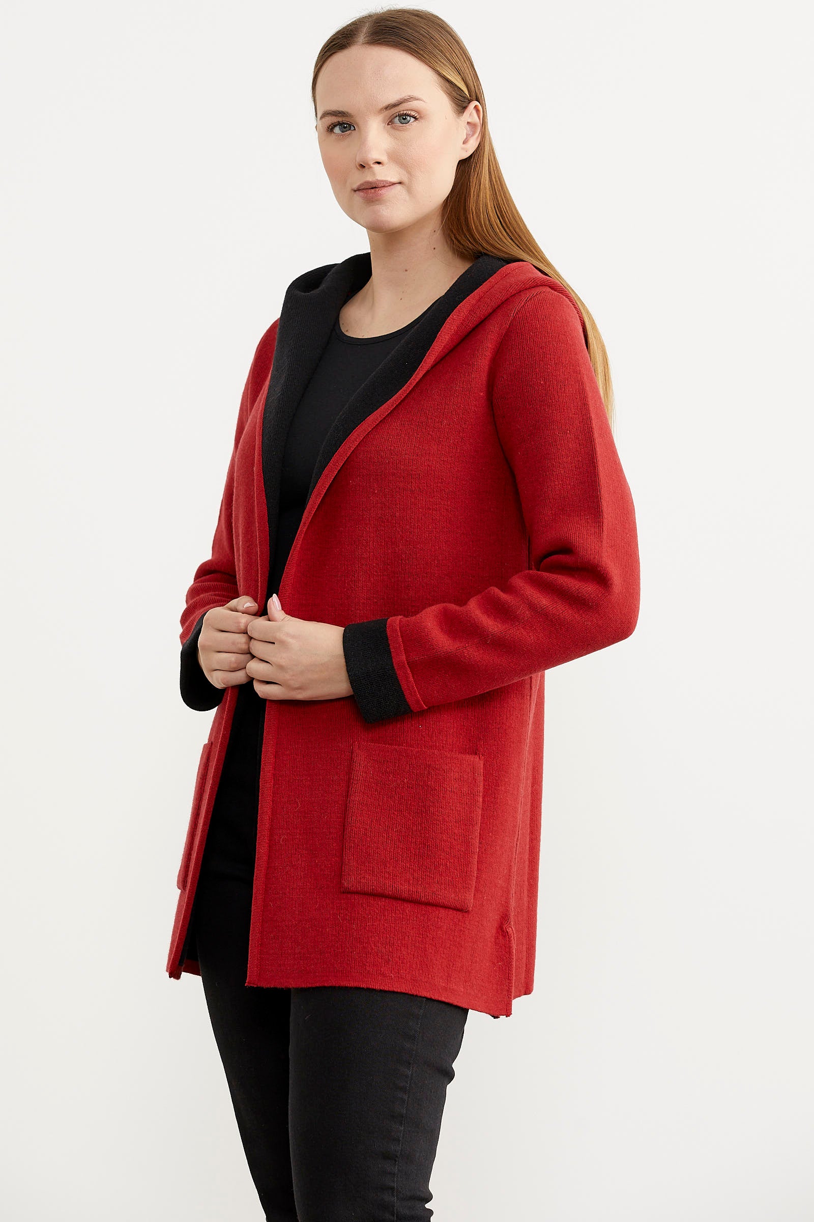 Cepli ve Kapüşonlu Yünlü Triko Ceket - Kırmızı - Siyah (5) Sementa