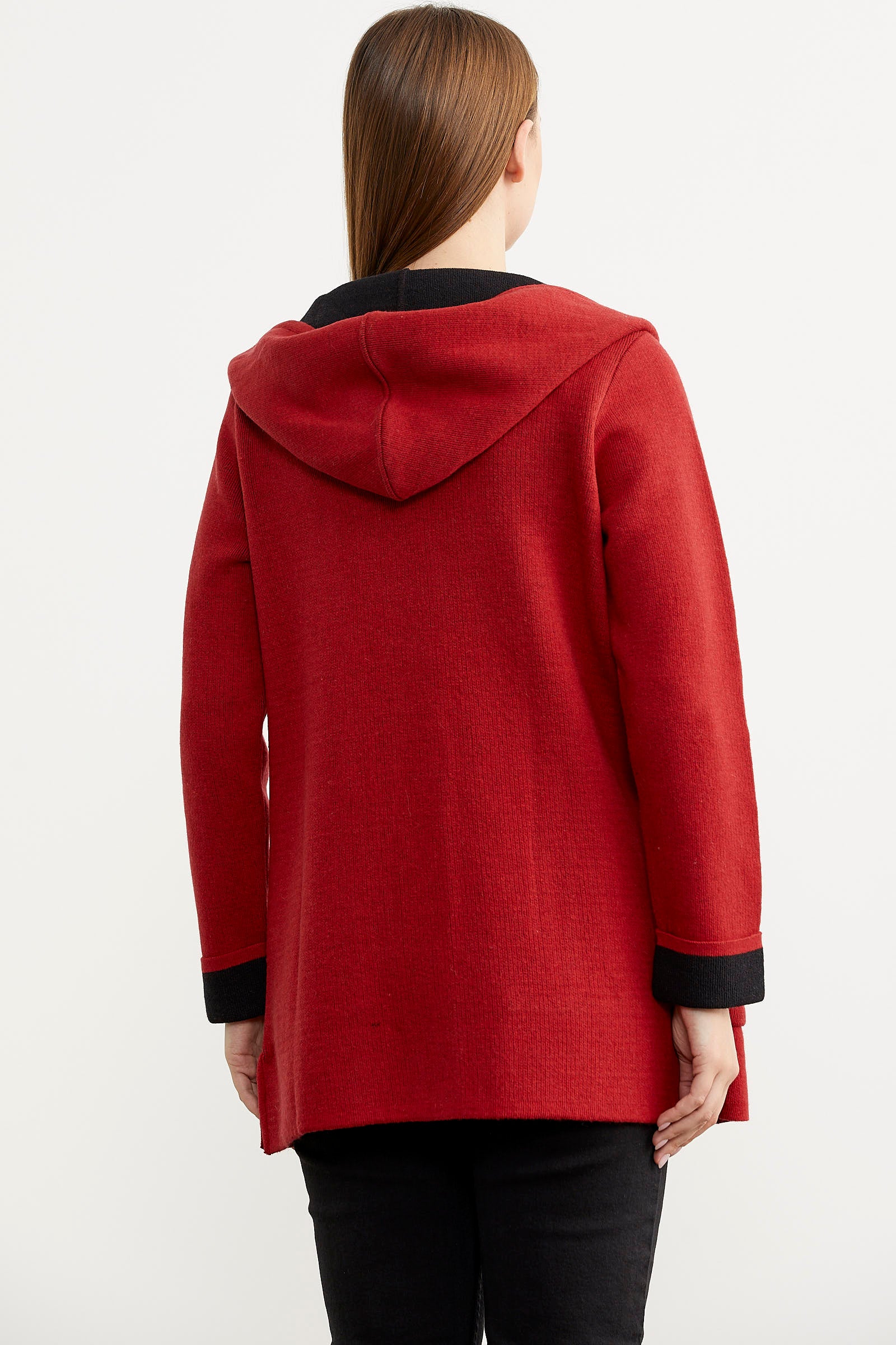 Cepli ve Kapüşonlu Yünlü Triko Ceket - Kırmızı - Siyah (6) Sementa