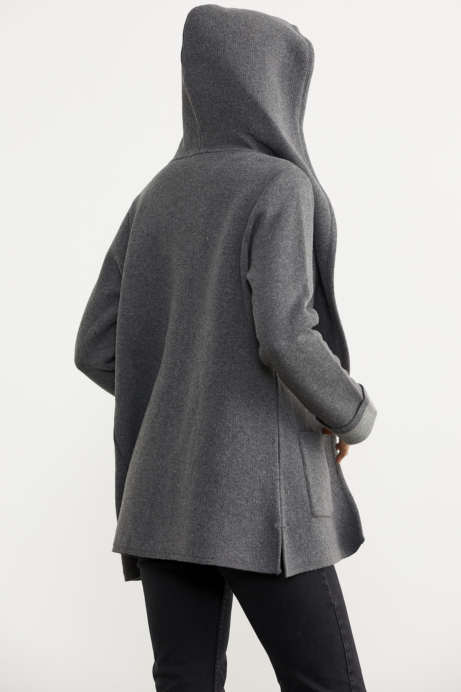 Cepli ve Kapüşonlu Yünlü Triko Ceket - Koyu Gri - Gri (5) Sementa