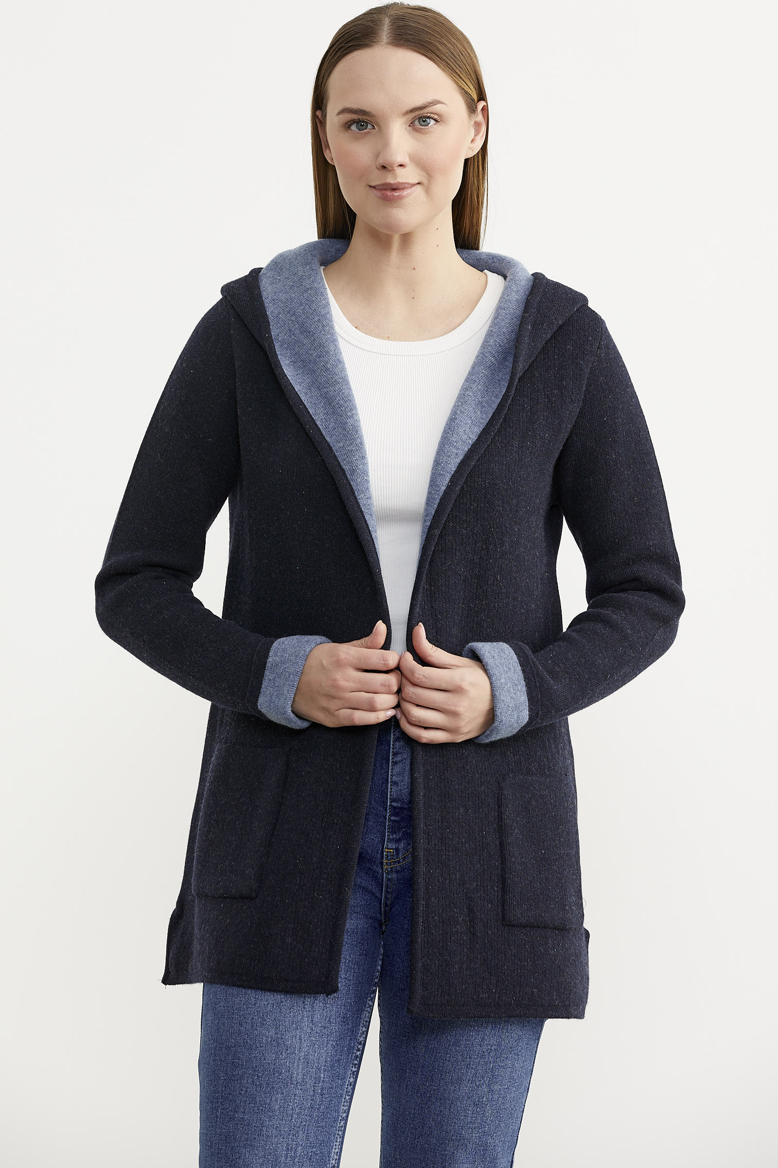 Cepli ve Kapüşonlu Yünlü Triko Ceket - Lacivert - Mavi (1) Sementa