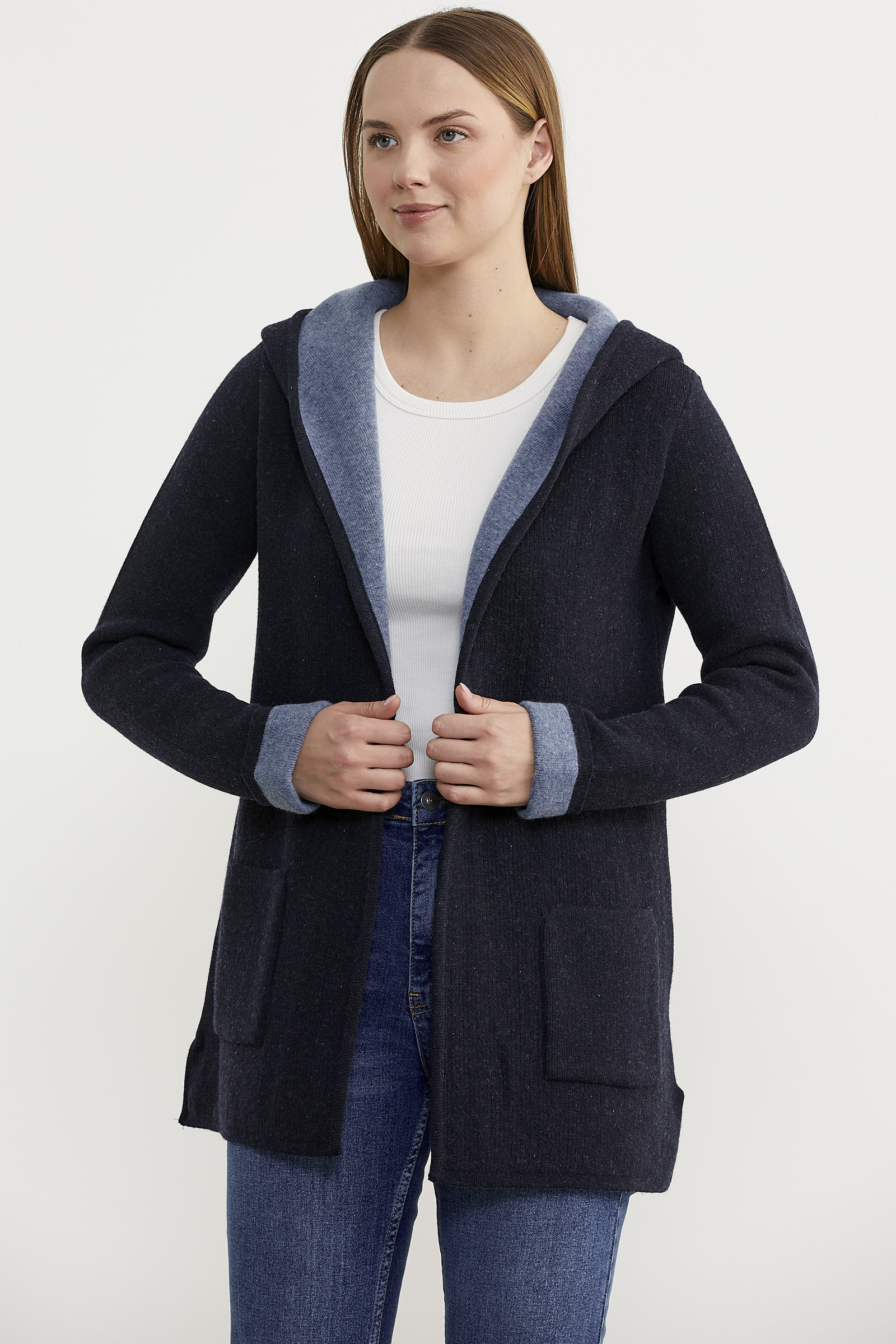 Cepli ve Kapüşonlu Yünlü Triko Ceket - Lacivert - Mavi (3) Sementa