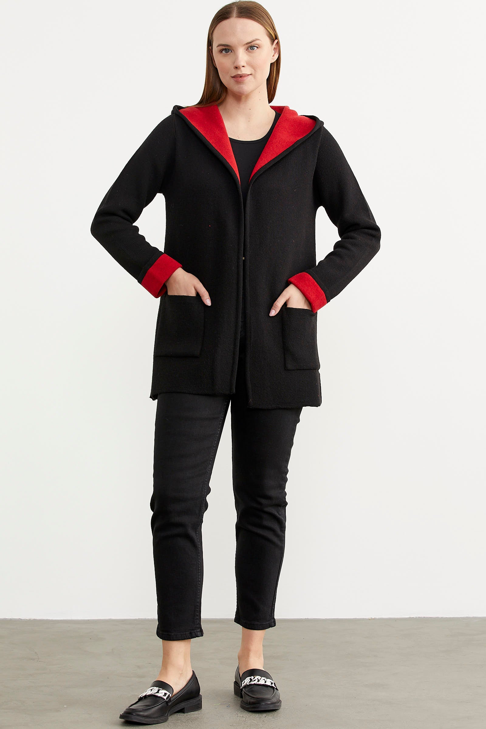 Cepli ve Kapüşonlu Yünlü Triko Ceket - Siyah - Kırmızı (1) Sementa