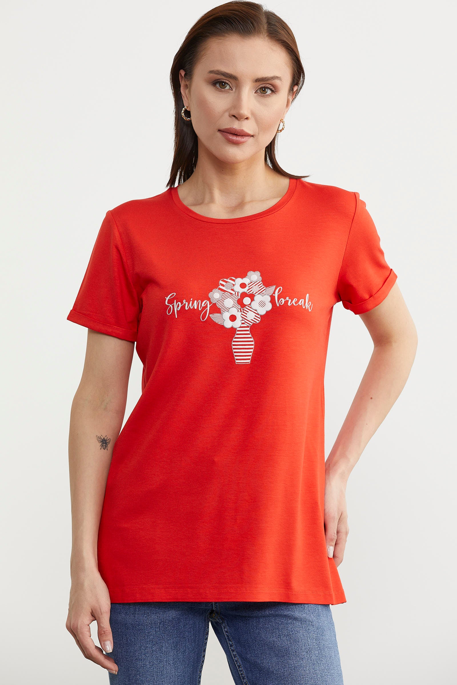 Çiçek Baskılı Regular Fit Tişört - Mercan (3) Sementa