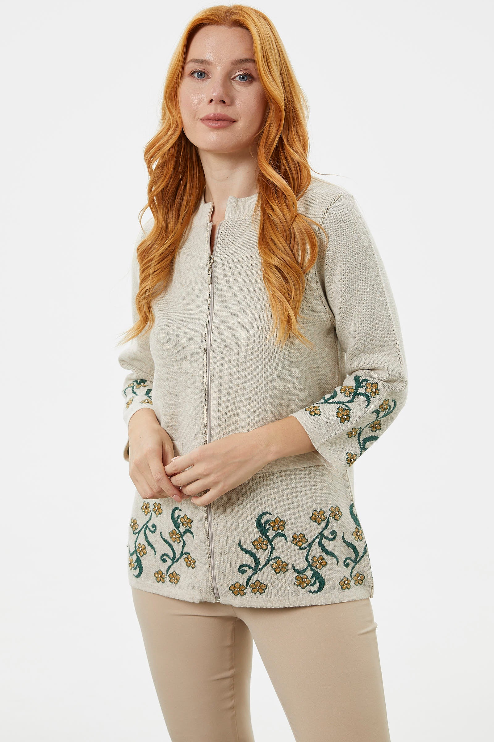 Çiçek Desen Detaylı Yünlü Triko Hırka - Açık Bej (2) Sementa