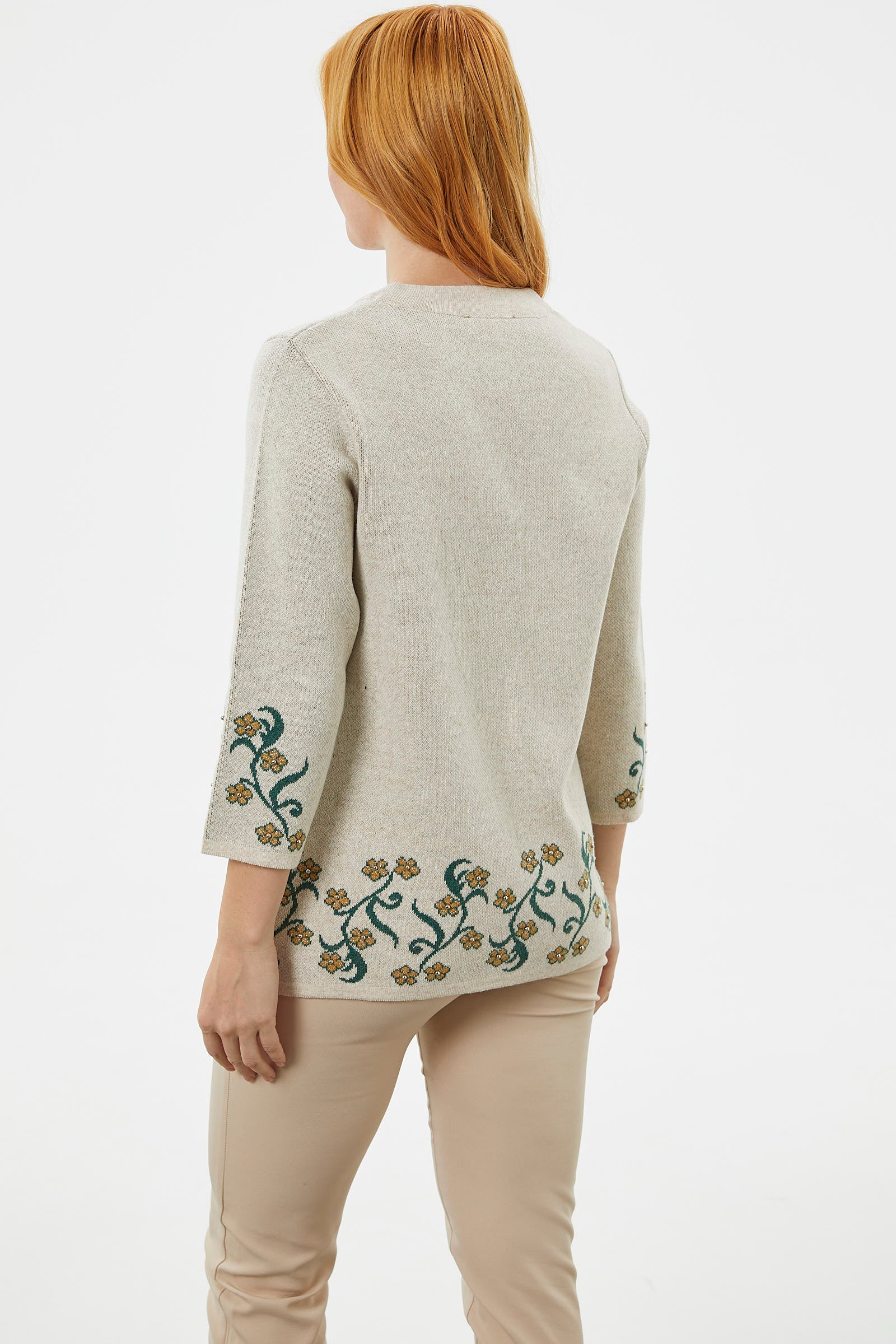 Çiçek Desen Detaylı Yünlü Triko Hırka - Açık Bej (5) Sementa