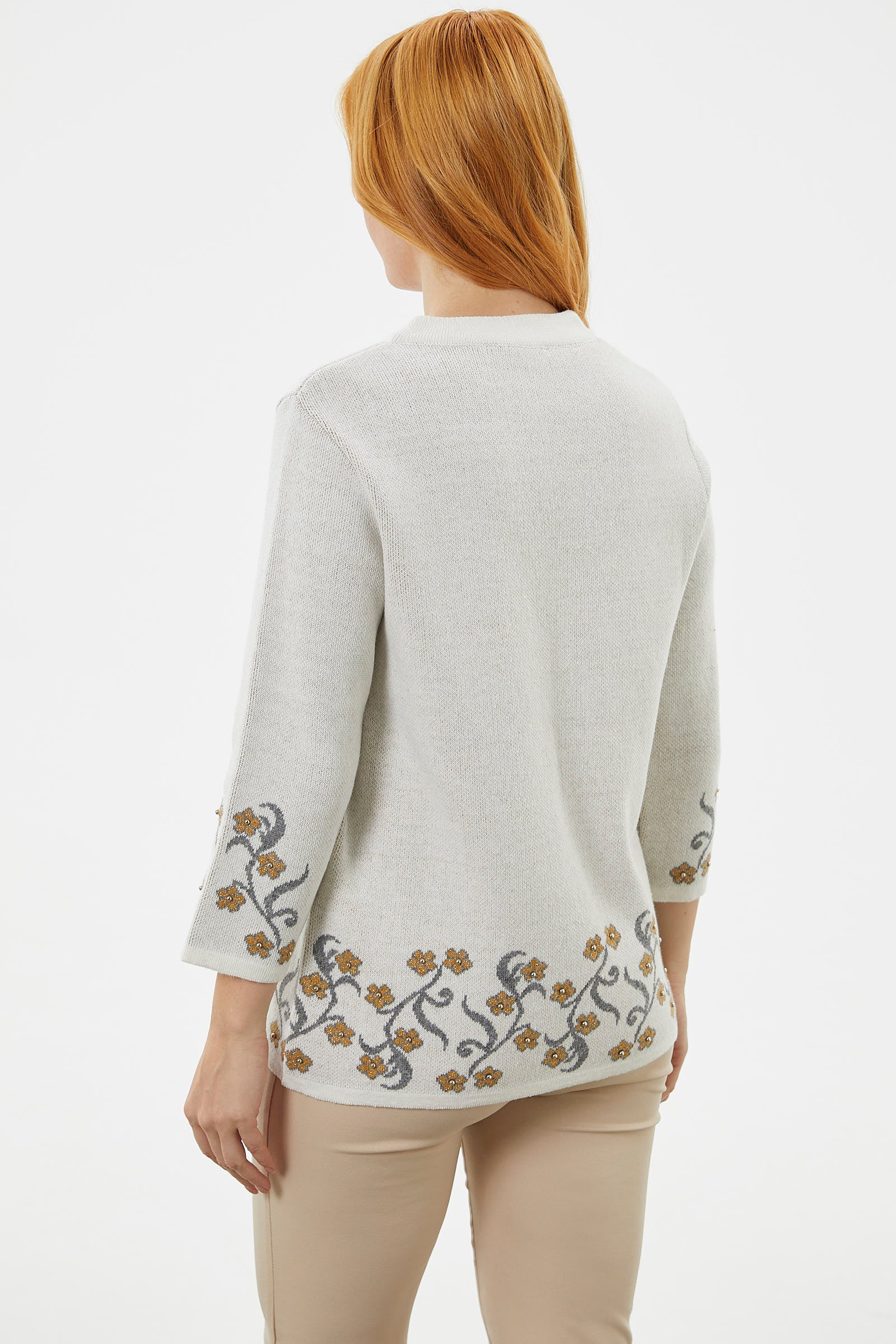 Çiçek Desen Detaylı Yünlü Triko Hırka - Kemik (6) Sementa