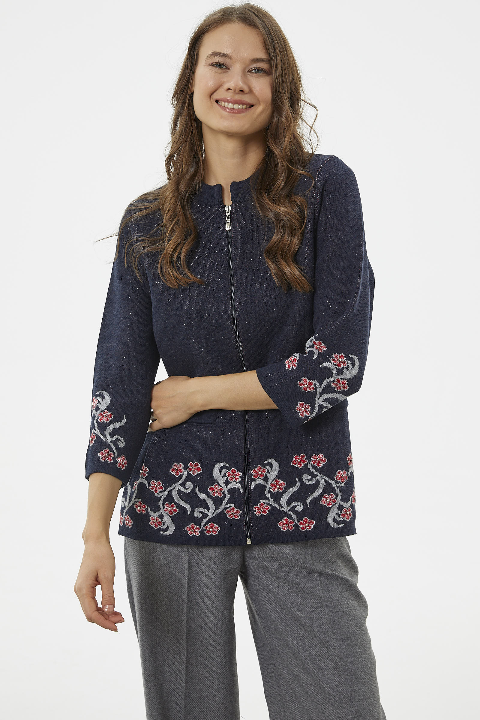 Çiçek Desen Detaylı Yünlü Triko Hırka - Lacivert (3) Sementa