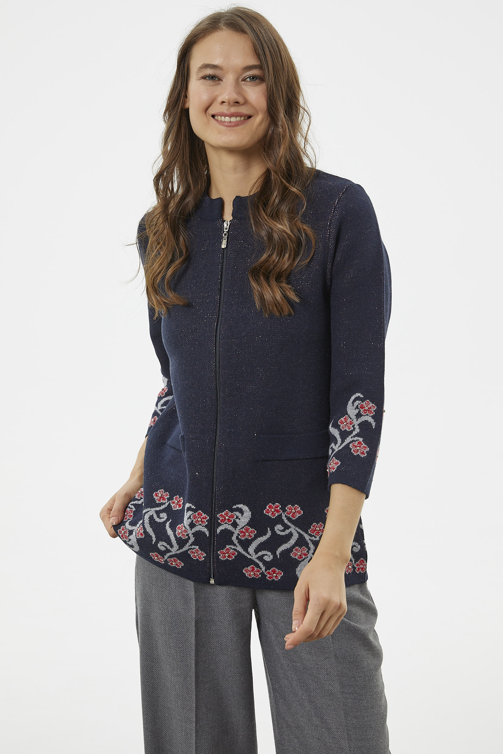 Çiçek Desen Detaylı Yünlü Triko Hırka - Lacivert (4) Sementa