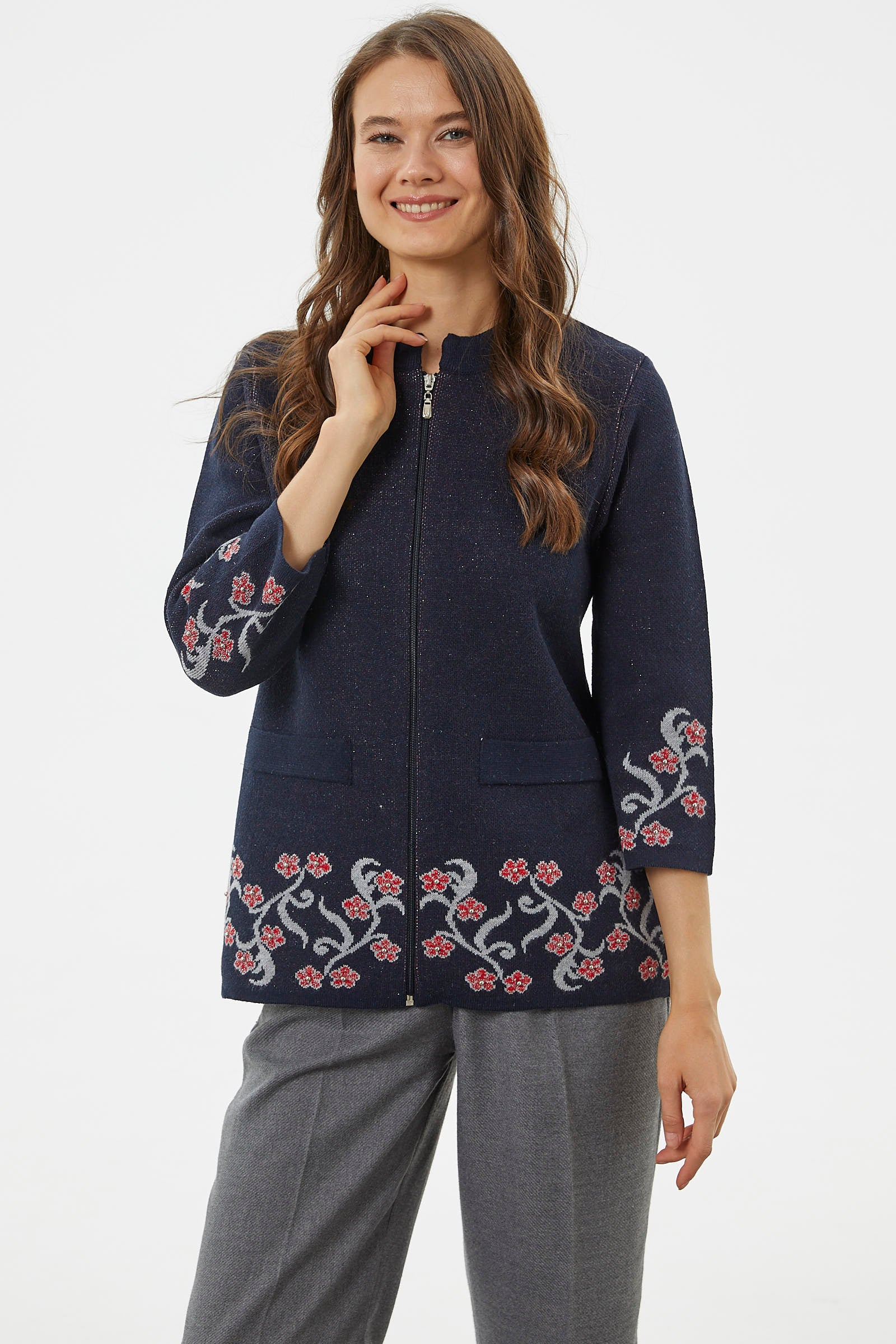 Çiçek Desen Detaylı Yünlü Triko Hırka - Lacivert (5) Sementa