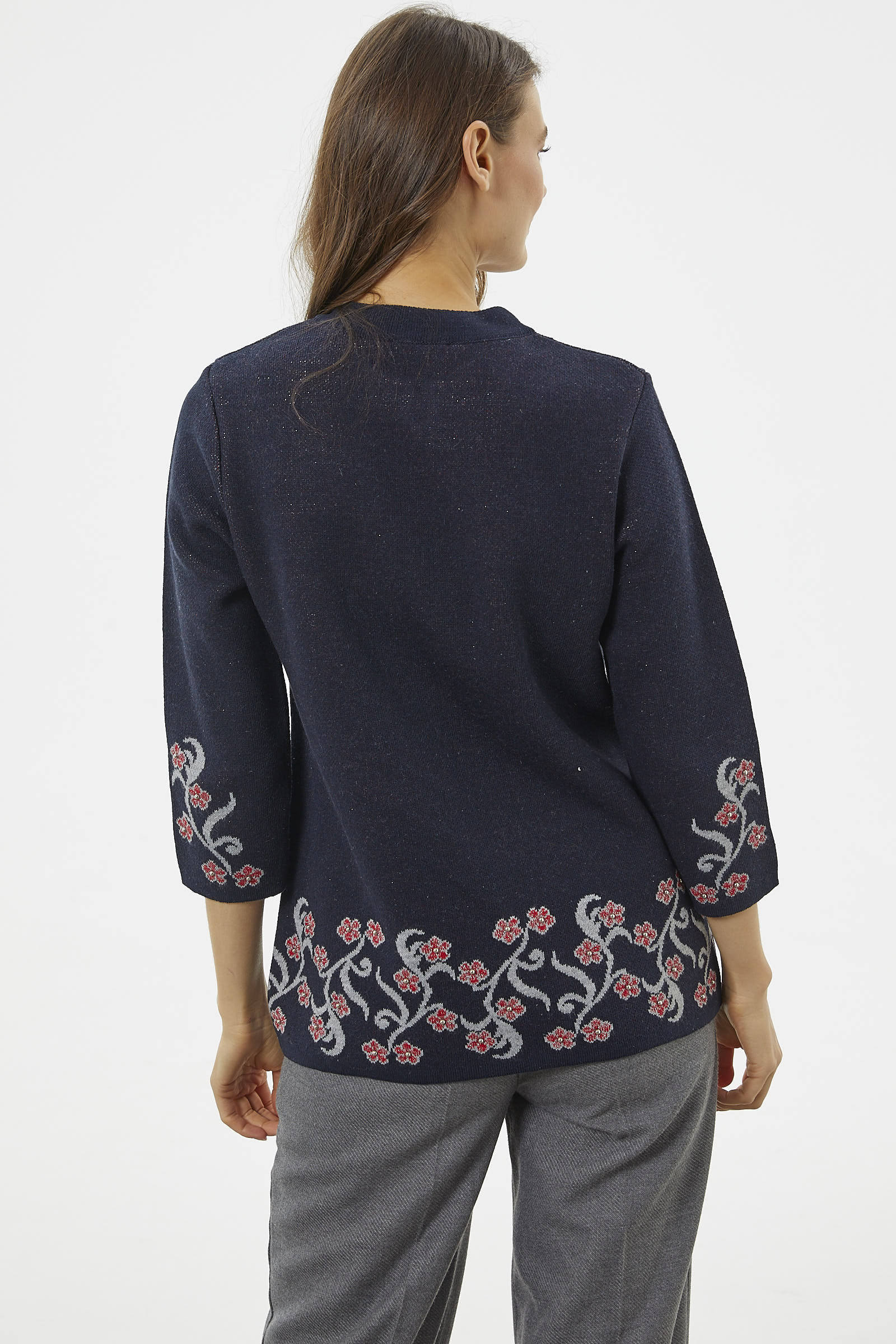 Çiçek Desen Detaylı Yünlü Triko Hırka - Lacivert (6) Sementa