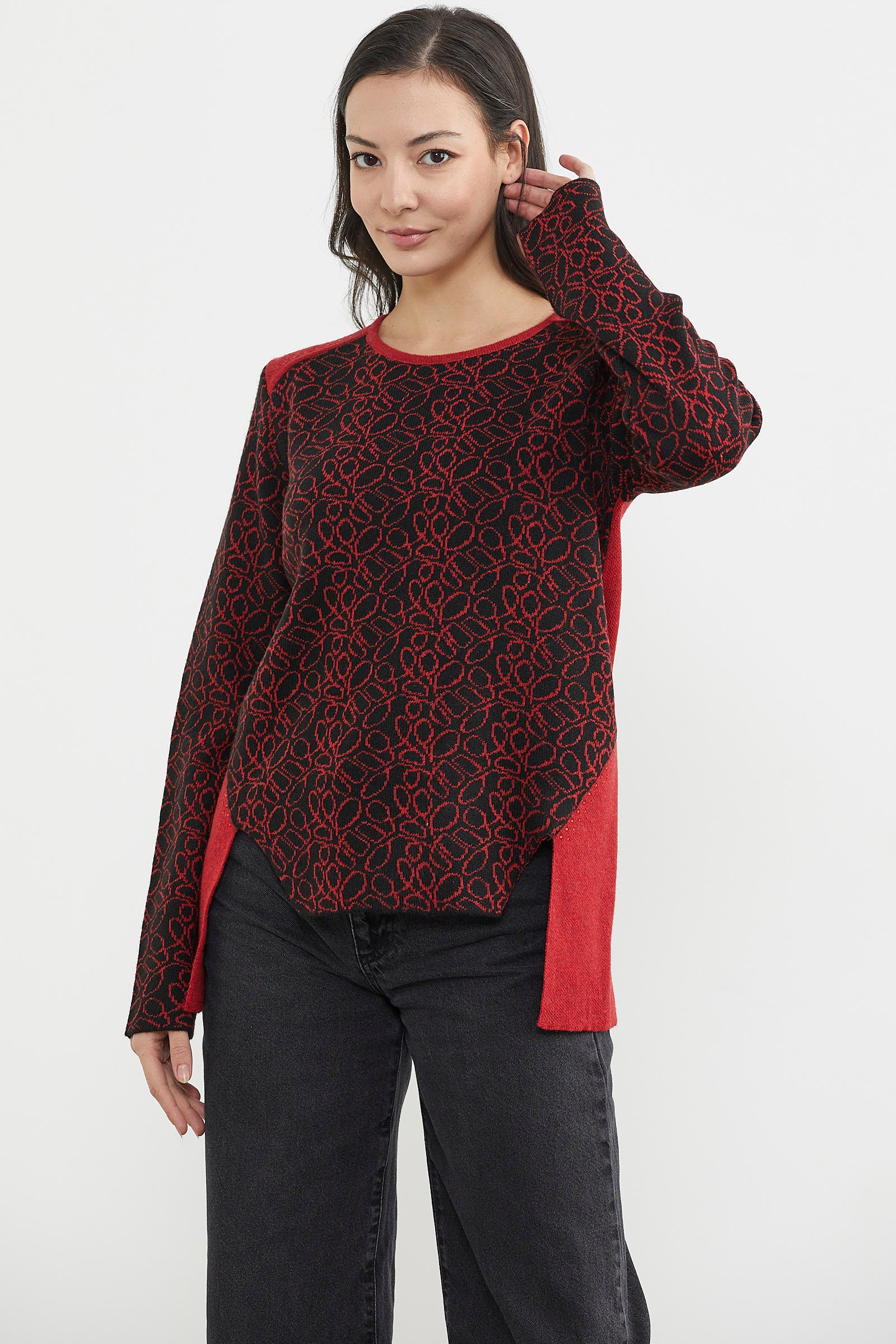 Çiçek Desenli Arkası Uzun Triko Kazak - Kırmızı (2) Sementa