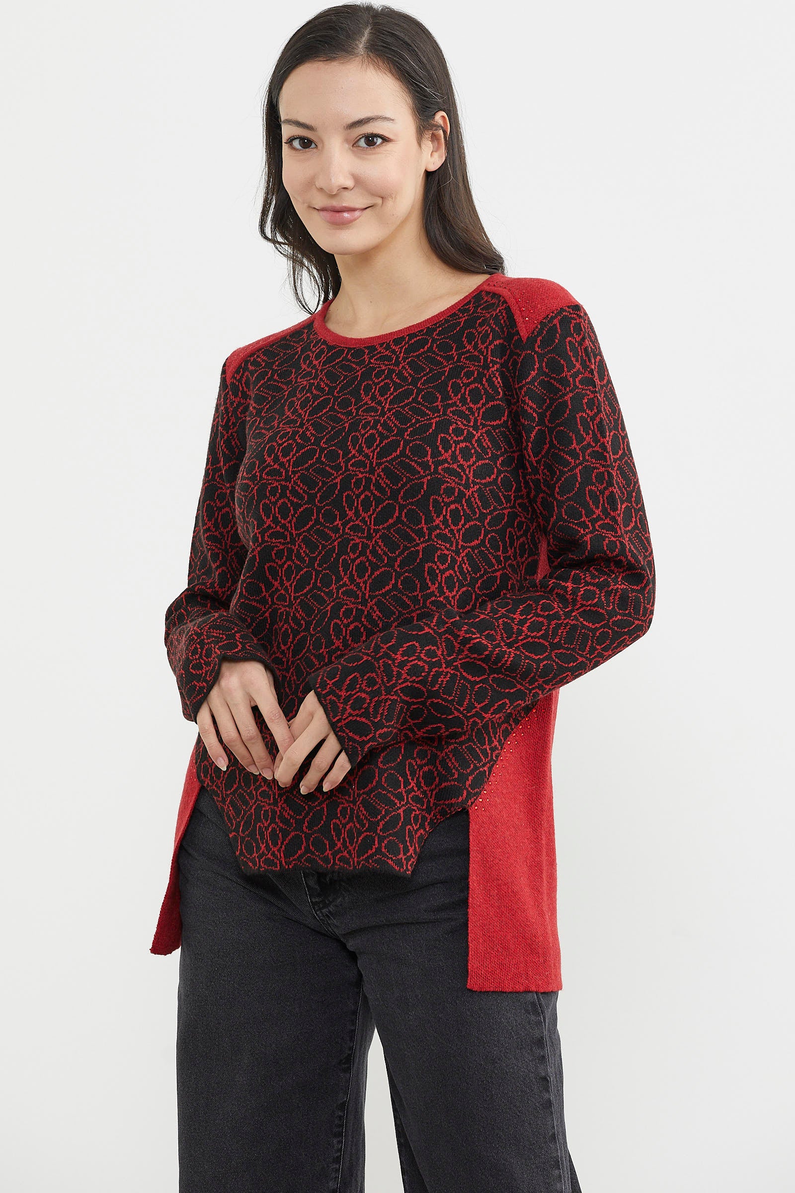 Çiçek Desenli Arkası Uzun Triko Kazak - Kırmızı (3) Sementa