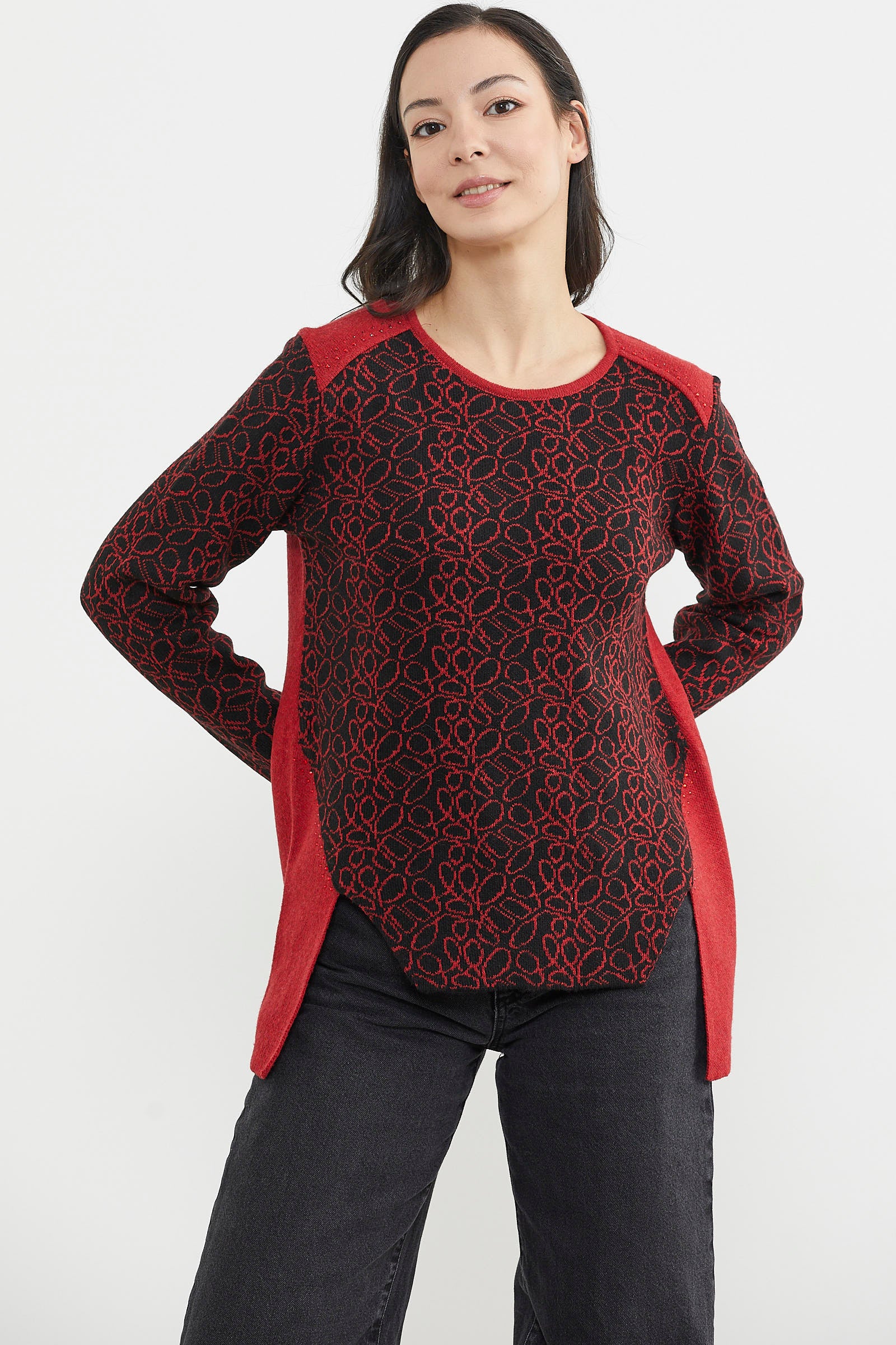 Çiçek Desenli Arkası Uzun Triko Kazak - Kırmızı (4) Sementa