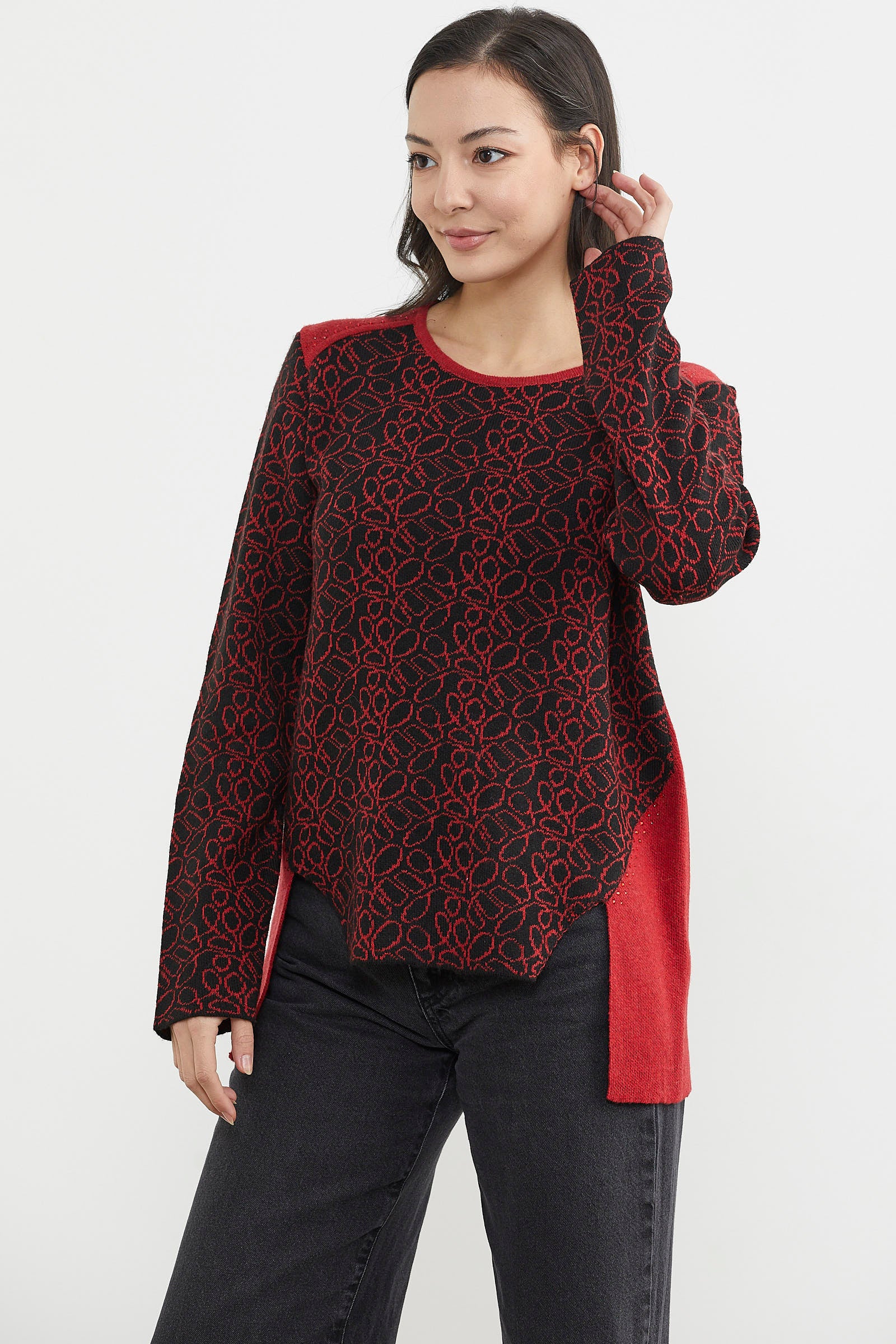 Çiçek Desenli Arkası Uzun Triko Kazak - Kırmızı (5) Sementa