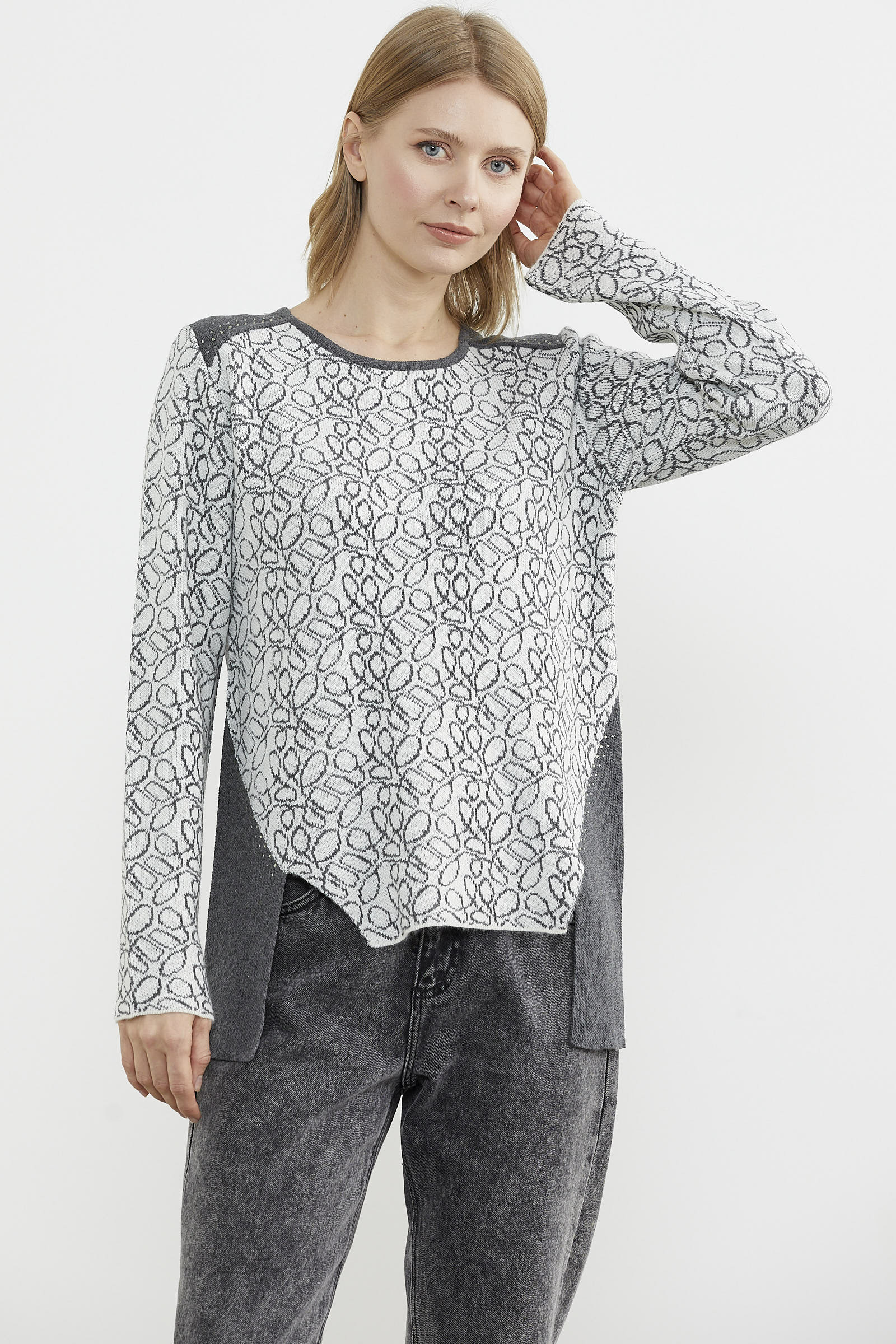 Çiçek Desenli Arkası Uzun Triko Kazak - Koyu Gri (2) Sementa