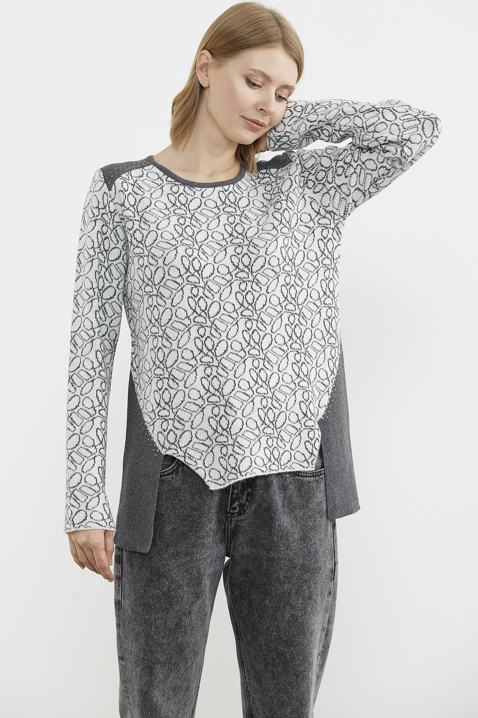 Çiçek Desenli Arkası Uzun Triko Kazak - Koyu Gri (3) Sementa