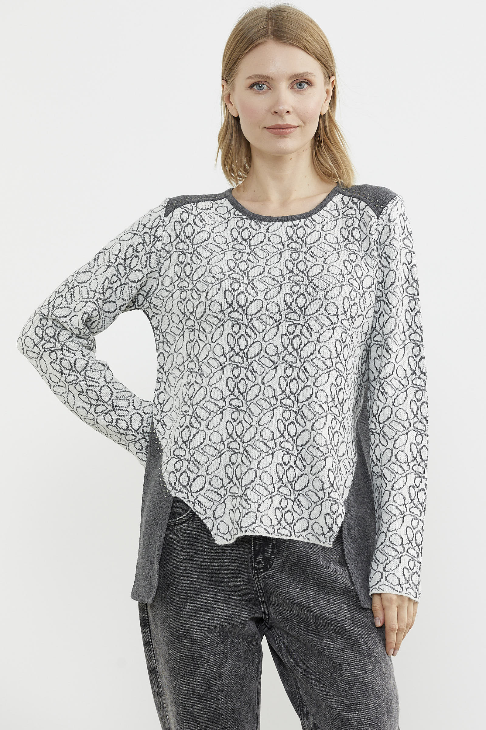 Çiçek Desenli Arkası Uzun Triko Kazak - Koyu Gri (4) Sementa