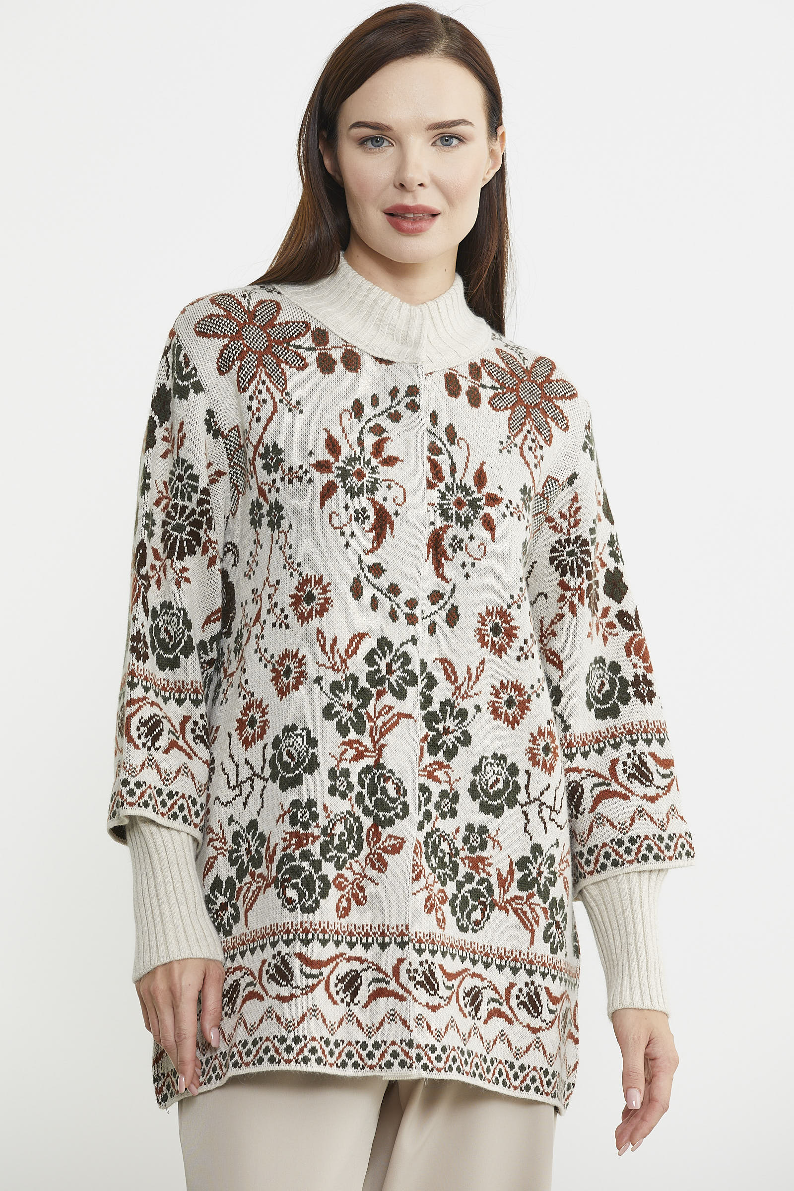 Çiçek Desenli Kalın Yün Triko Ceket - Açık Bej - Sementa