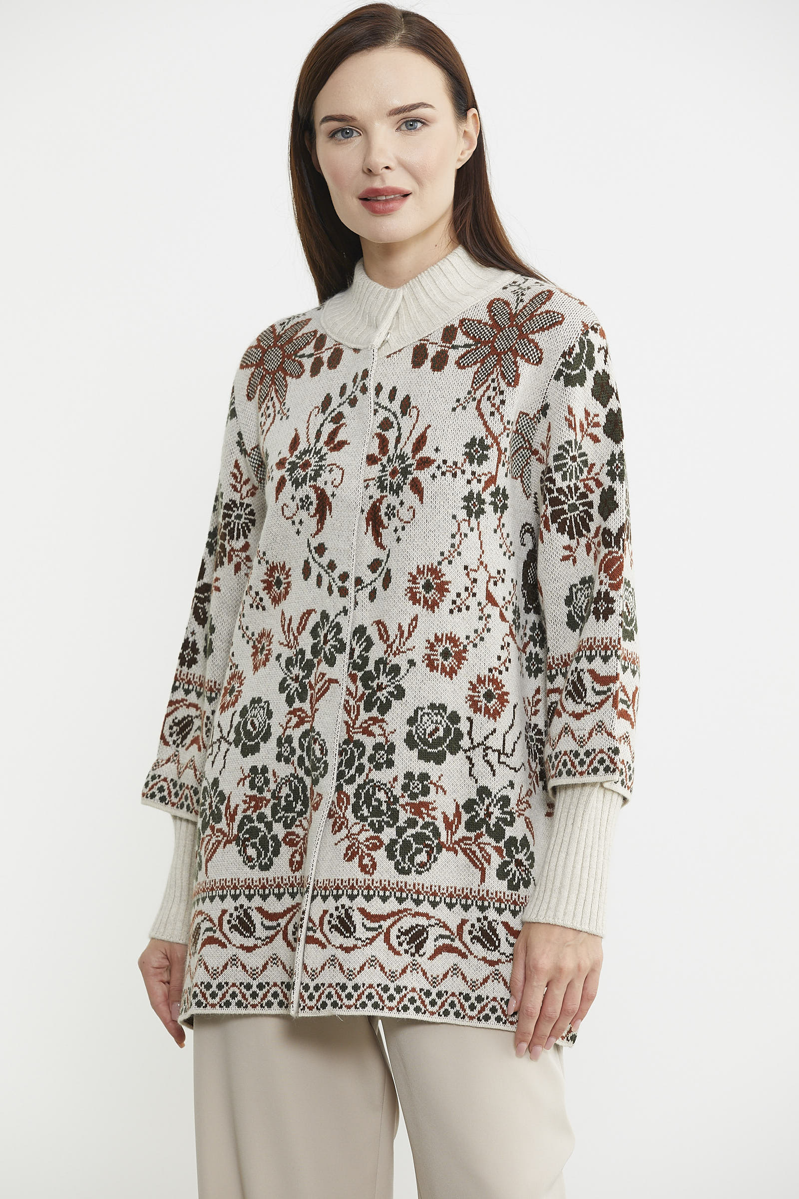 Çiçek Desenli Kalın Yün Triko Ceket - Açık Bej - Sementa