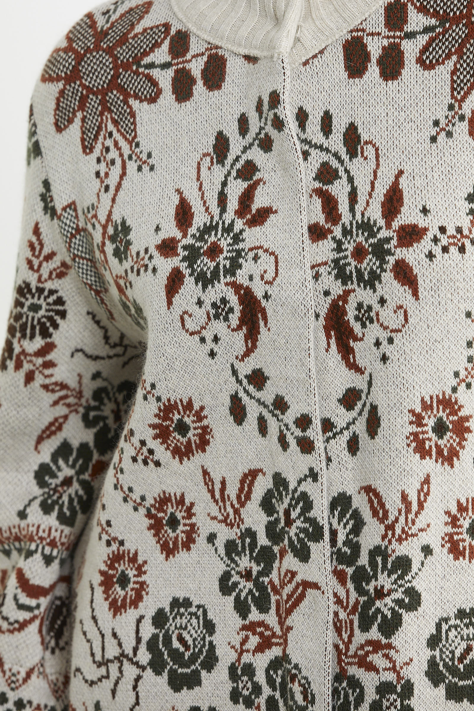 Çiçek Desenli Kalın Yün Triko Ceket - Açık Bej - Sementa