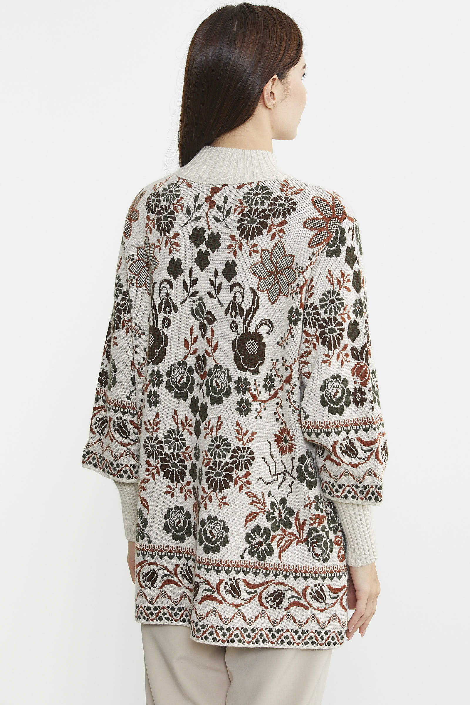 Çiçek Desenli Kalın Yün Triko Ceket - Açık Bej - Sementa