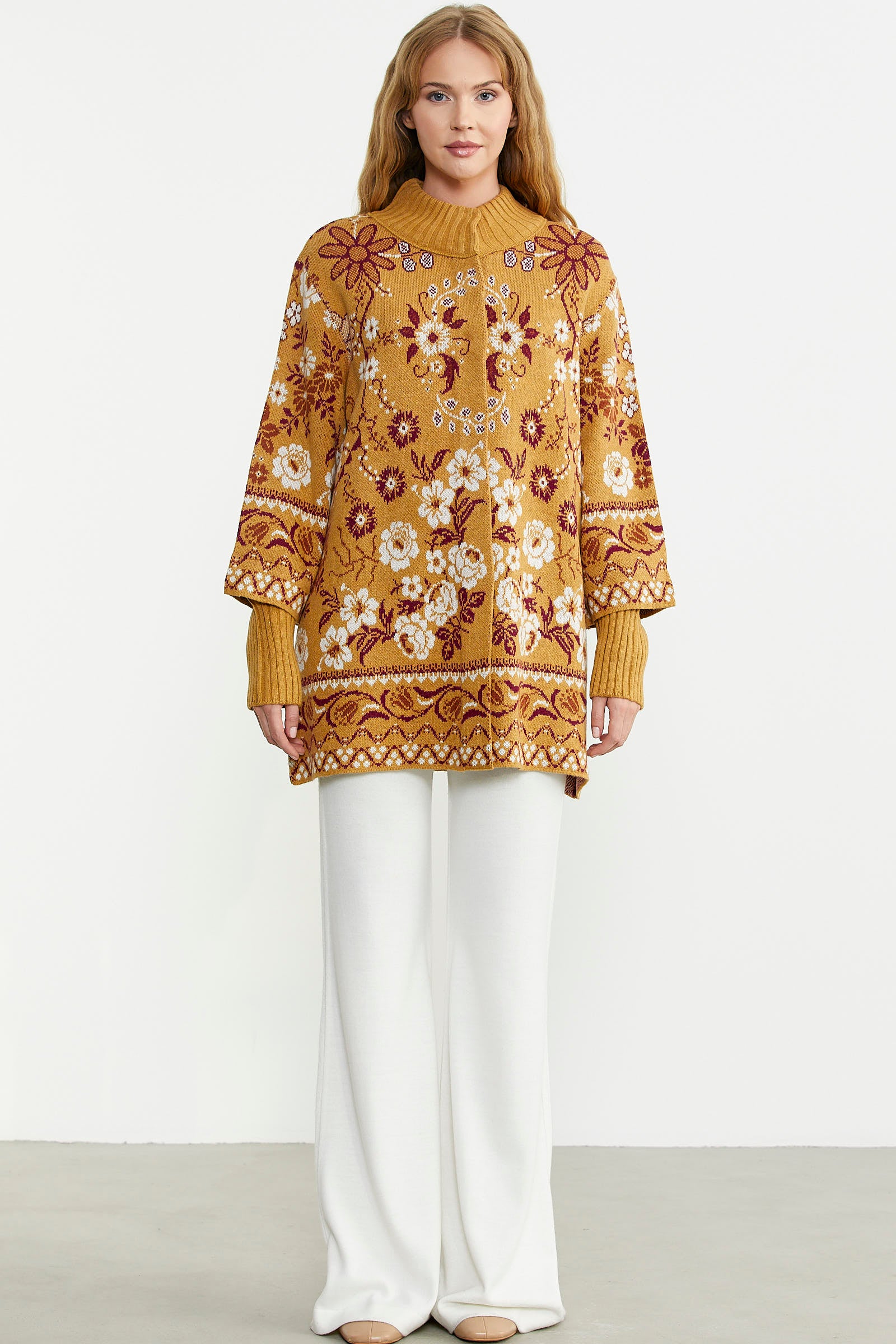 Çiçek Desenli Kalın Yün Triko Ceket - Güneş - Sementa