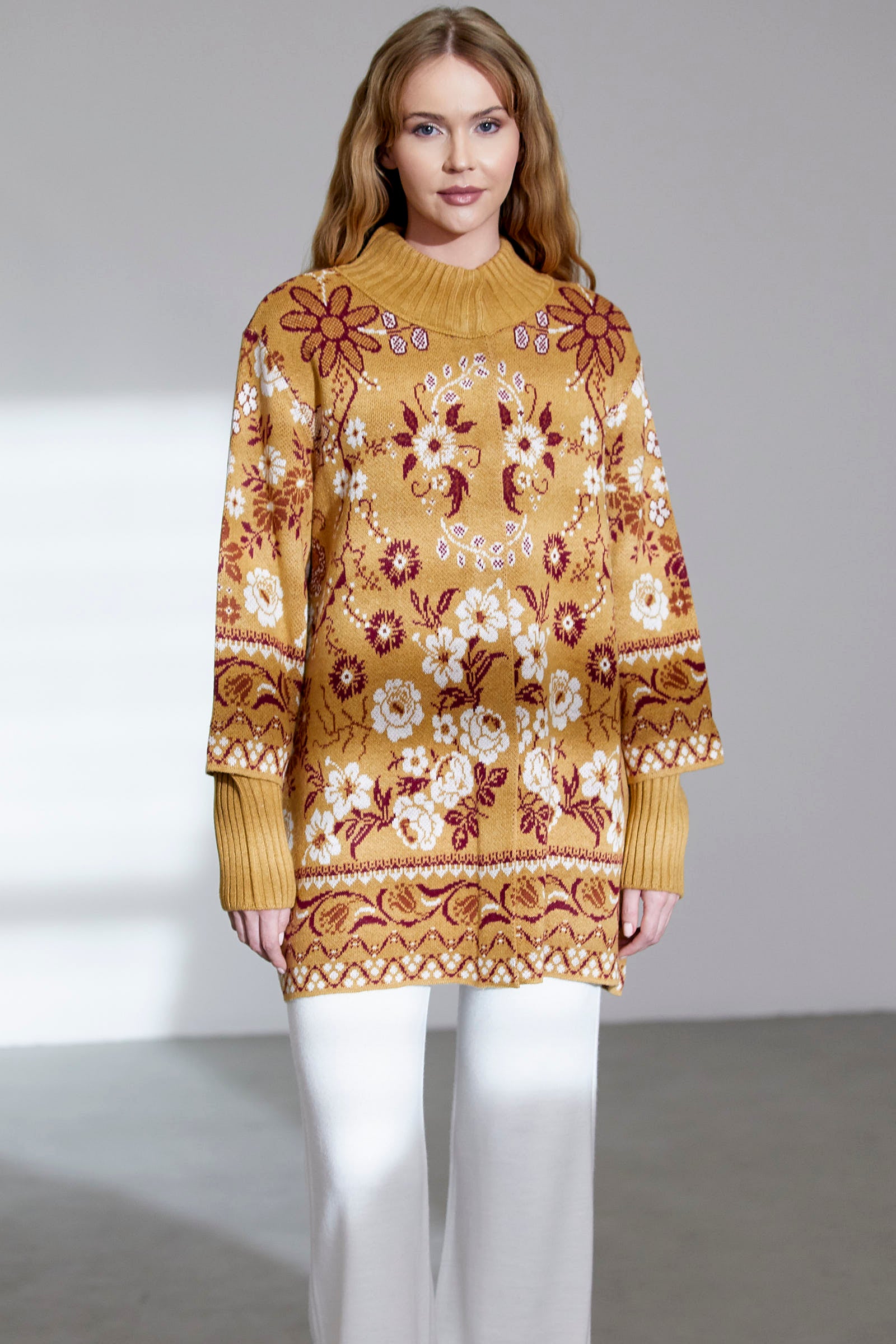 Çiçek Desenli Kalın Yün Triko Ceket - Güneş - Sementa